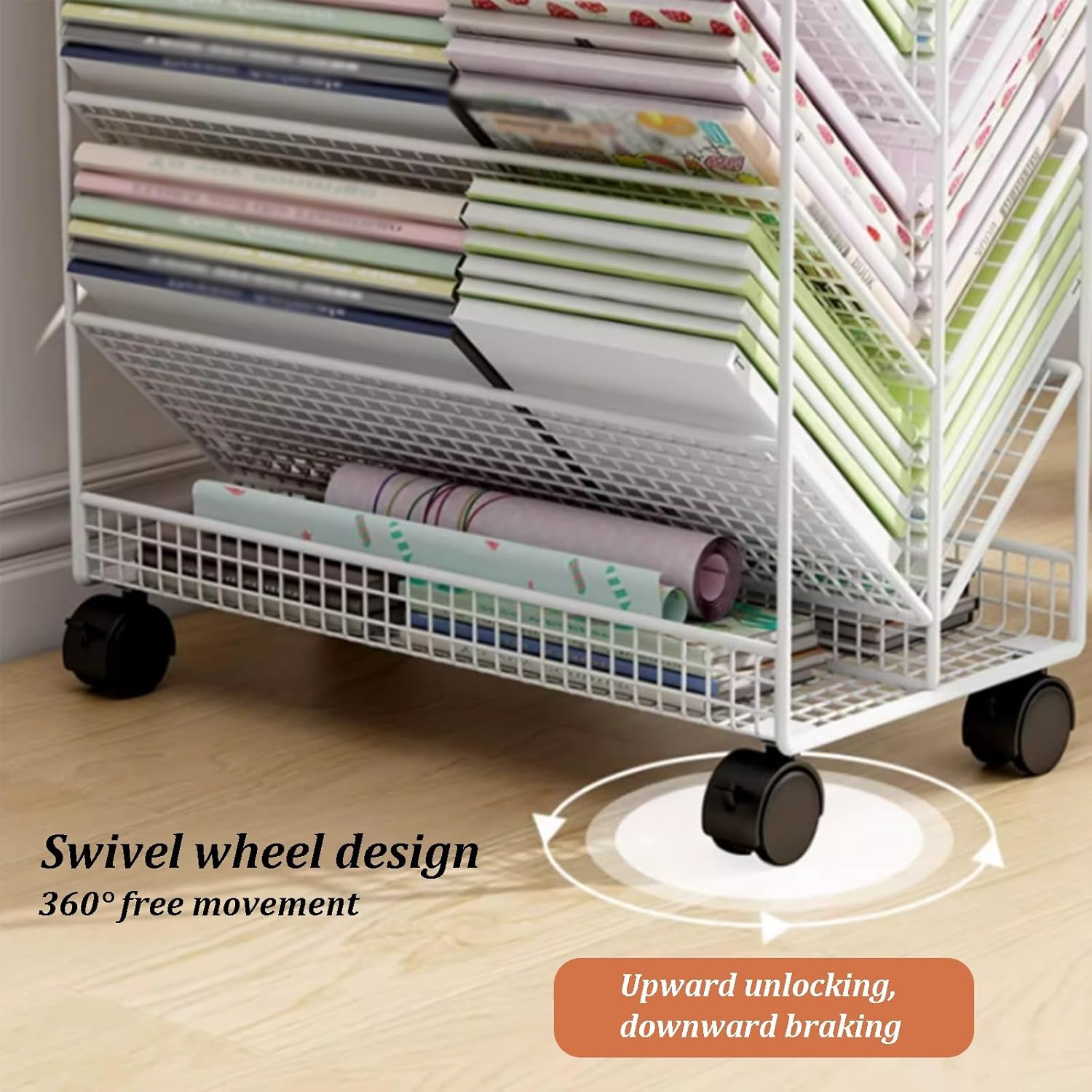 6 Tier Rolling Book Cart with Wheels, Movable Bookshelf Organizer Rack, Double-Sided V-Shaped Shelf Design, Metal Office Paper Organizer for Home Office School(White)