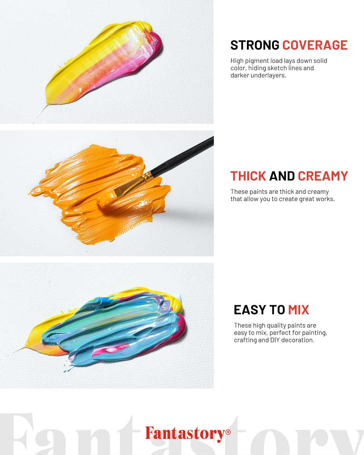 Fantastory Set di colori acrilici, 50 bottiglie da 60 ml + 10 pennelli, impermeabile, non sbiadisce, non tossico, per tela, legno, ceramica, modelli, principianti, studenti d'arte, hobbistica