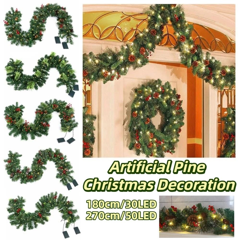 Guirlande de Noël avec pommes de pin et baies, pour cheminée, escalier, porte, fenêtre, décorations de Noël (1,8 m)