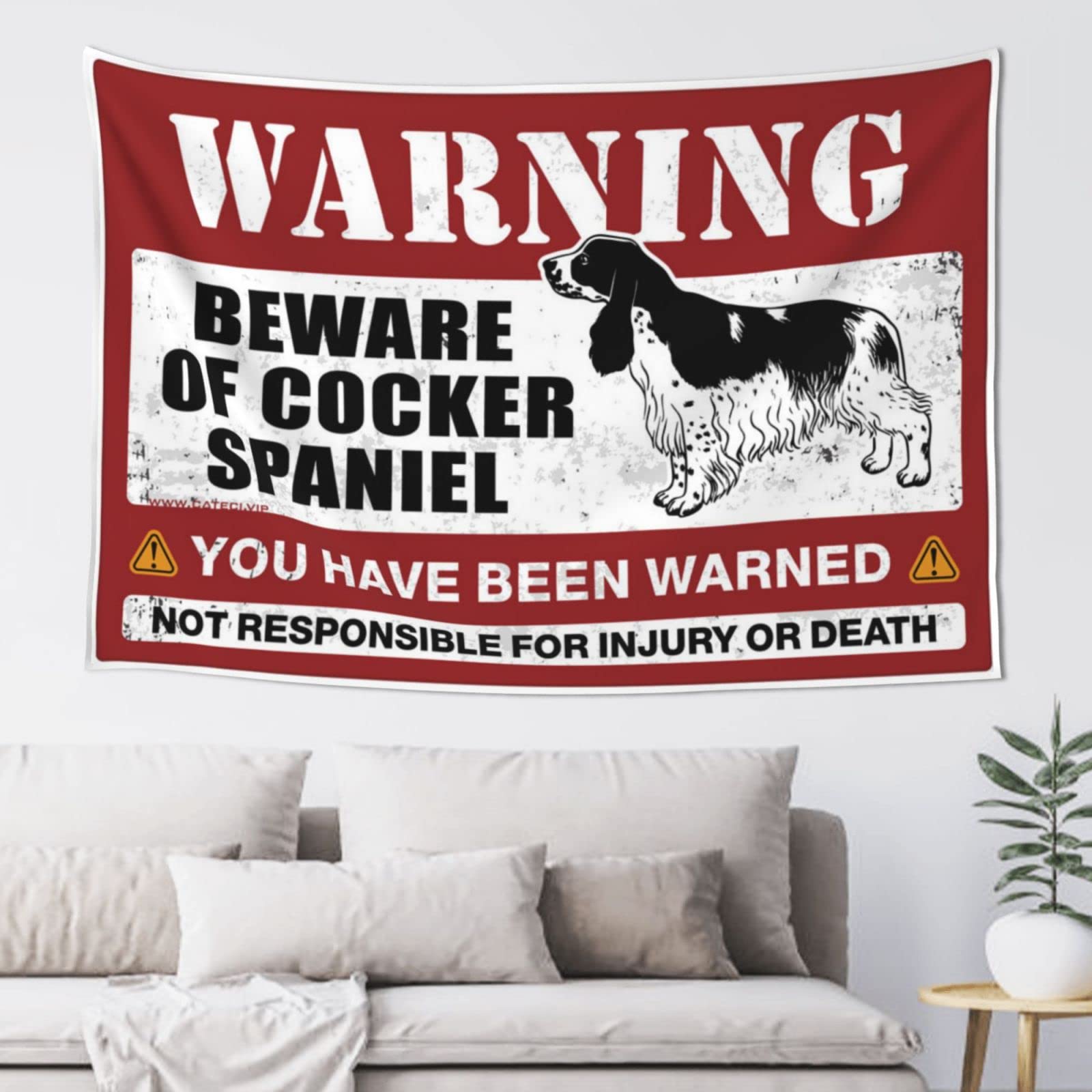 PRAVOXI Bedroom Door Decorations Beware Of Cocker Spaniel Tapestry Garage Accessories For Man Cave Room Decore(100X150CM)