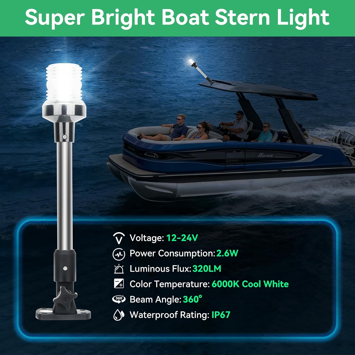 12-Inch Fold-Down LED Anchor Light for Boats, IP67 Stainless Steel | 12V Stern Lights for Boats design with IP67 protection and bright white LEDs for pontoon, fishing, bass, and jon boats.
