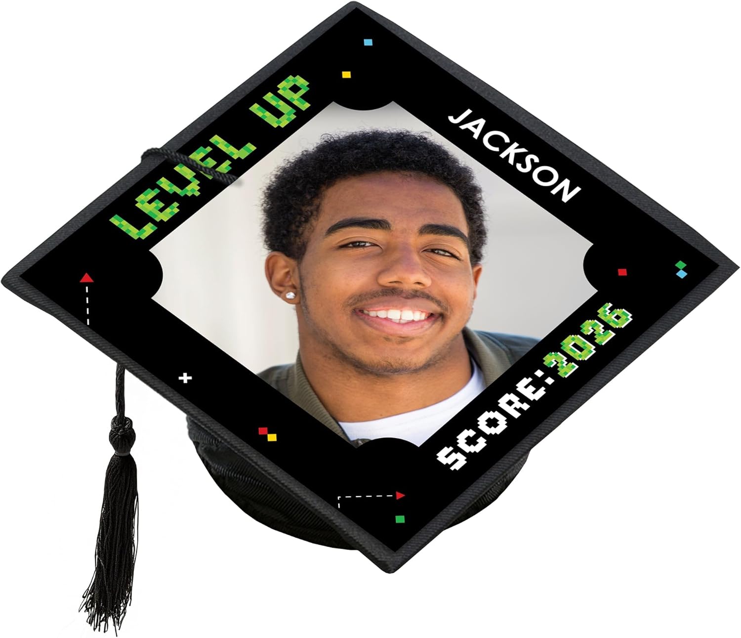 Big Dot of Happiness Custom Photo Game Over 2026 Grad Cap Cover, Personalized Pixel Video Game Graduation Cap Decorations Kit for High School or College - 1 Count