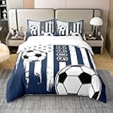 Feelyou Football Bedding Set Twin Size Soccer Gaming Sports Comforter Cover Set for Kids Boys Girls Teens American Flag Bedding 100% Cotton Duvet Cover Set Navy Blue，No Comforter
