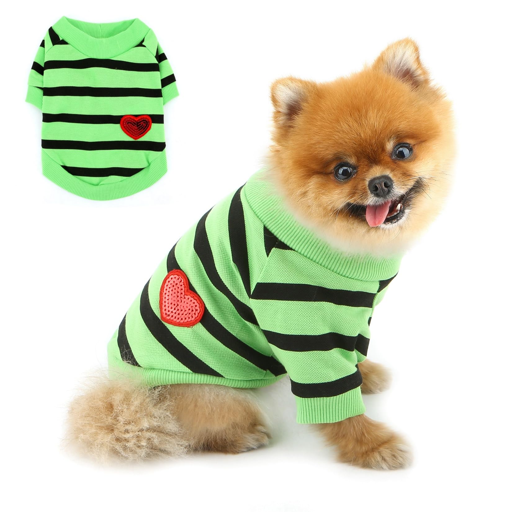 PAIDEFUL Striped Dog Shirt for Small Dogs, Soft Cotton Jersey Puppy T-Shirt with Sequins Heart, Breathable Short Sleeve Summer Pet Vest for Chihuahua Yorkie Cats,Green,XS