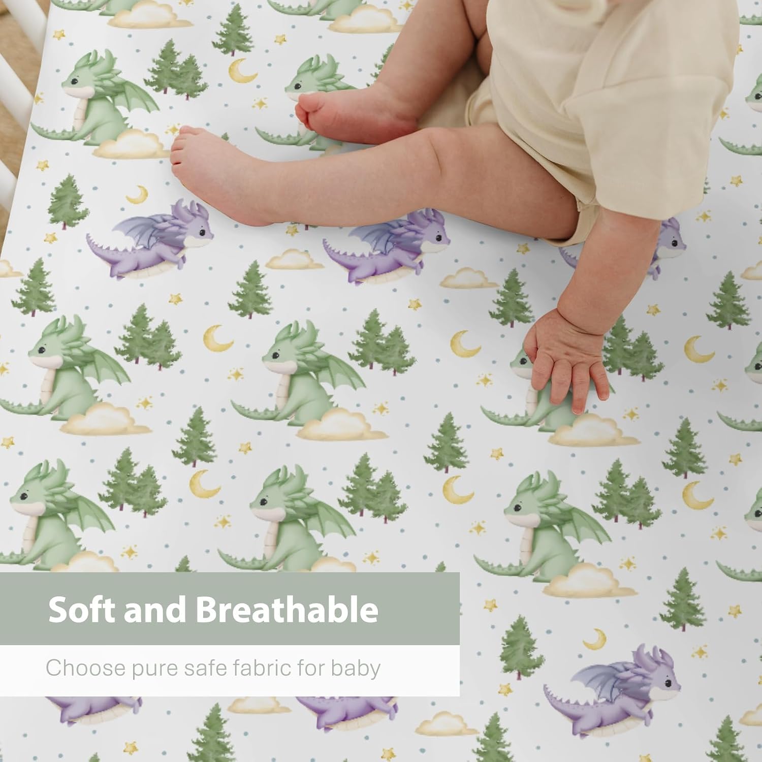 Fantasy Dragons Baby Crib Sheets for Boy Girl 28"x52" Fairytale Dragon Stars Trees Moon Clouds Soft Snug Fitted Crib Mattress Cover Cute Animal Nursery Baby Sheet for Crib & Toddler Bed Mattresses