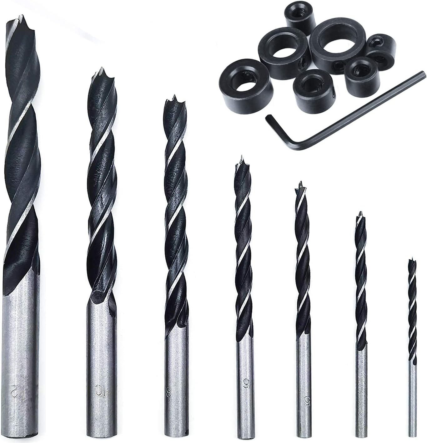 QISF 16Pcs Brad Point Wood Drill Bit 3/4/5/6/8/10/12mm Wood Working Drill with 3-12MM Center Point and Stopper Perfect for Woodworking Carpentry Drilling