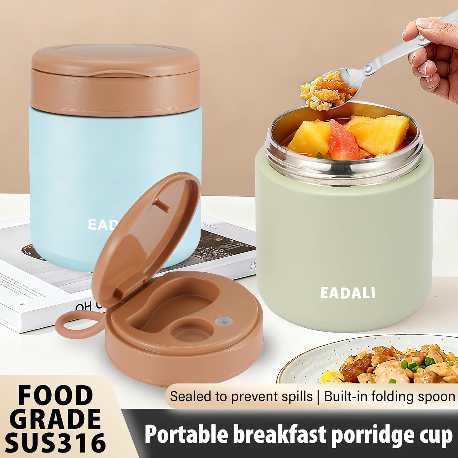 Eadali 15.2 oz Kids Insulated Food Jar – 316 Stainless Steel Thermo Lunch Container with Handle & Foldable Spoon, Leak-Proof BPA-Free Lunch Box for School Office - Image 2