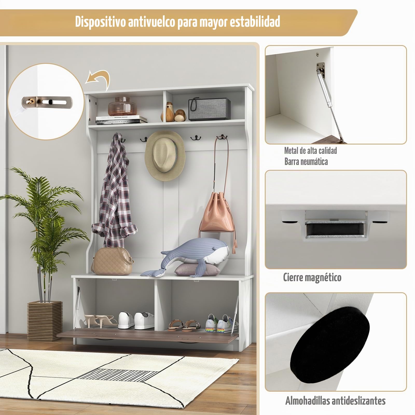 GIANTEX Perchero con Armario de Zapatos, Perchero con Banco de Almacenamiento, 5 Ganchos y 2 Compartimentos Abiertos, Mueble de Entrada de Mdera, 100x40x160 cm, para Pasillo, Salón (Blanco)