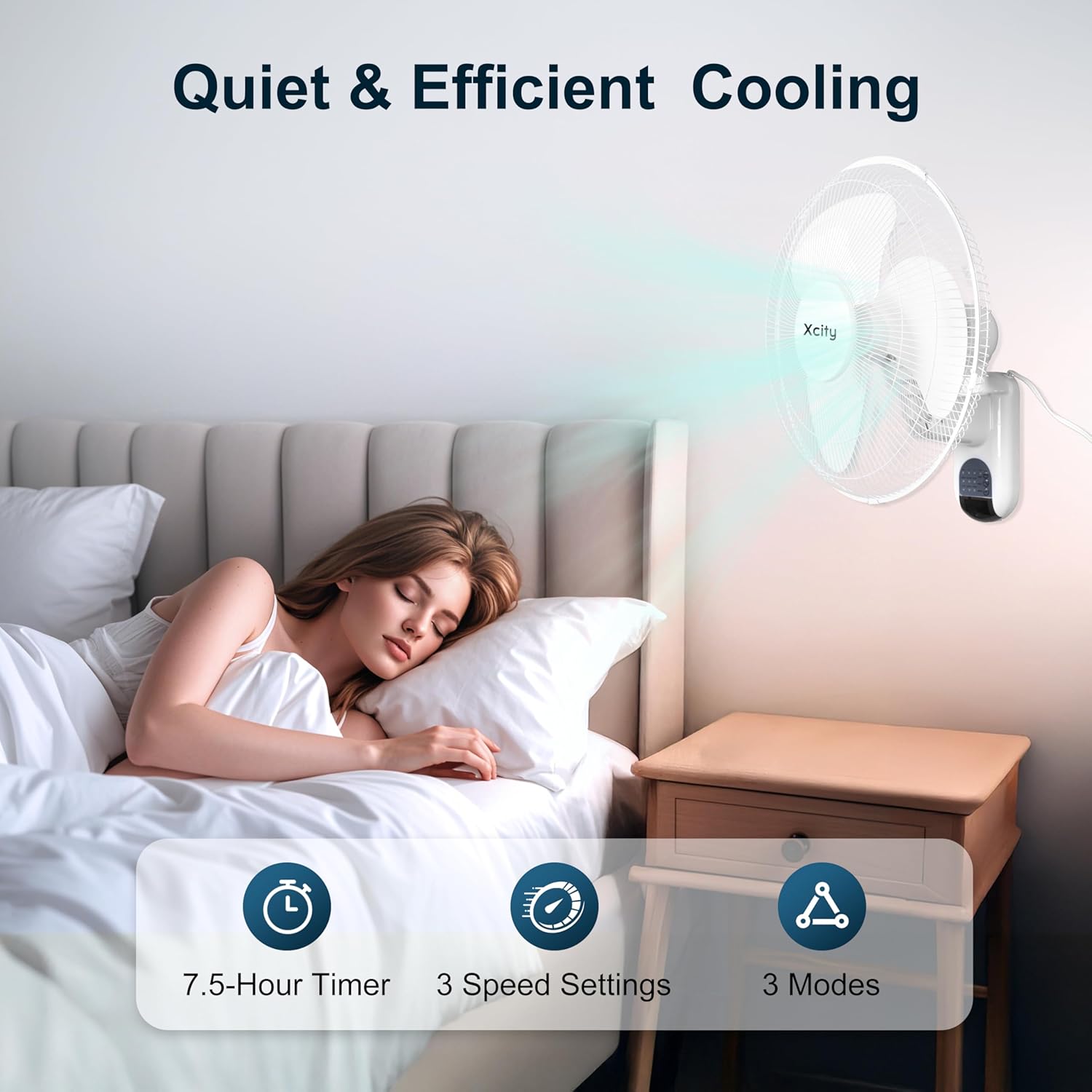 Xcity 16 Inch Wall Mounted Fan with Remote Control, 3 Speeds, 3 Modes, Timer, 90° Oscillating & 60° Adjustable Tilt, High Velocity, Quiet, Space Saving & Powerful Fan for Home, Bedroom, Office