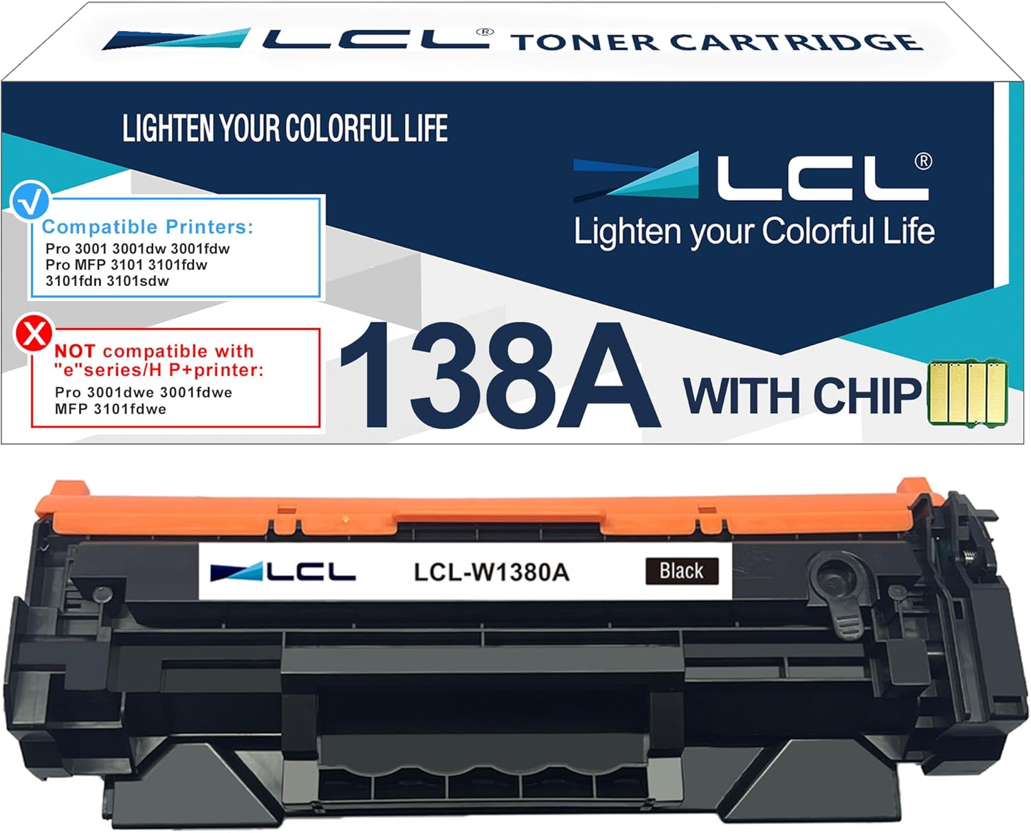 LCL 138A Black Toner Cartridge with Chip Replacement for HP 138A W1380A 138X W1380X for HP LaserJet Pro 3001 3001dw 3001fdw MFP 3101 3101fdw 3101fdn 3101sdw Printer (1-Pack )