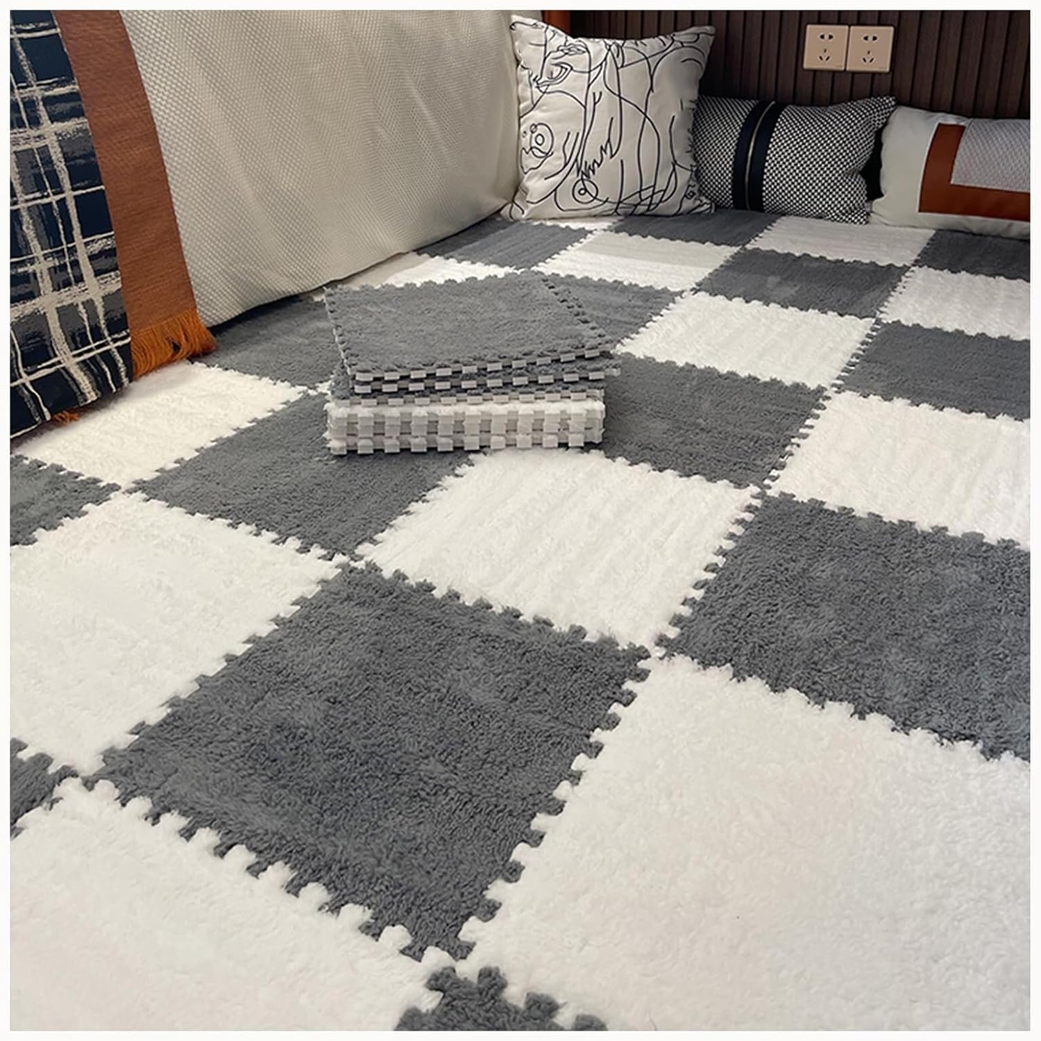 50pcs Plush Interlocking Foam Carpet Tiles, 0.4" Thick 12x12 in Shaggy Square Carpet Puzzle Mats for Floor, Playmat(White+Gray)