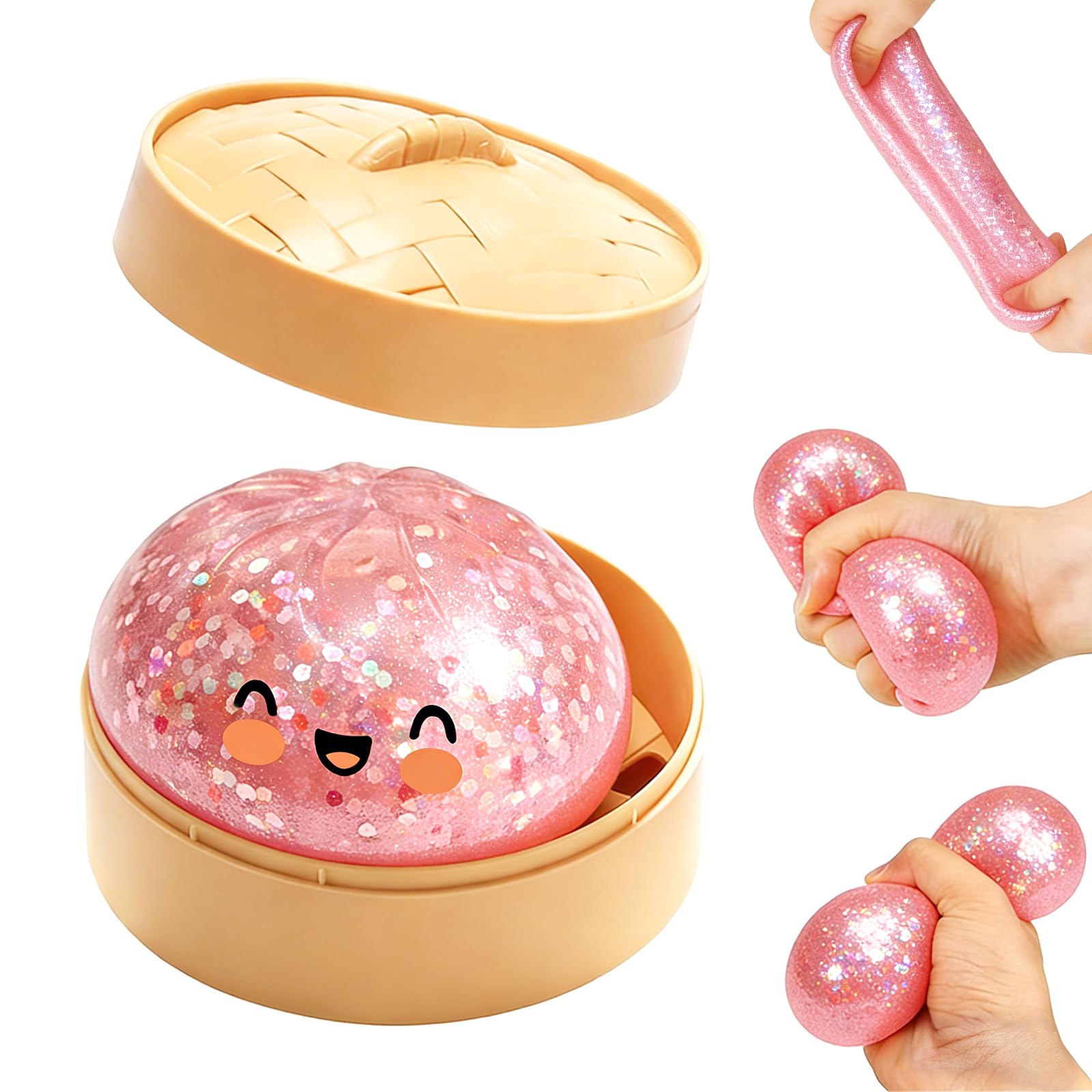 Glitter Dumpling,Glitter Dumpling Squishy Box,2026 New Bun Squeeze Stress Relief Ball with Steamer Box for Stress Relief (Pink) - 1