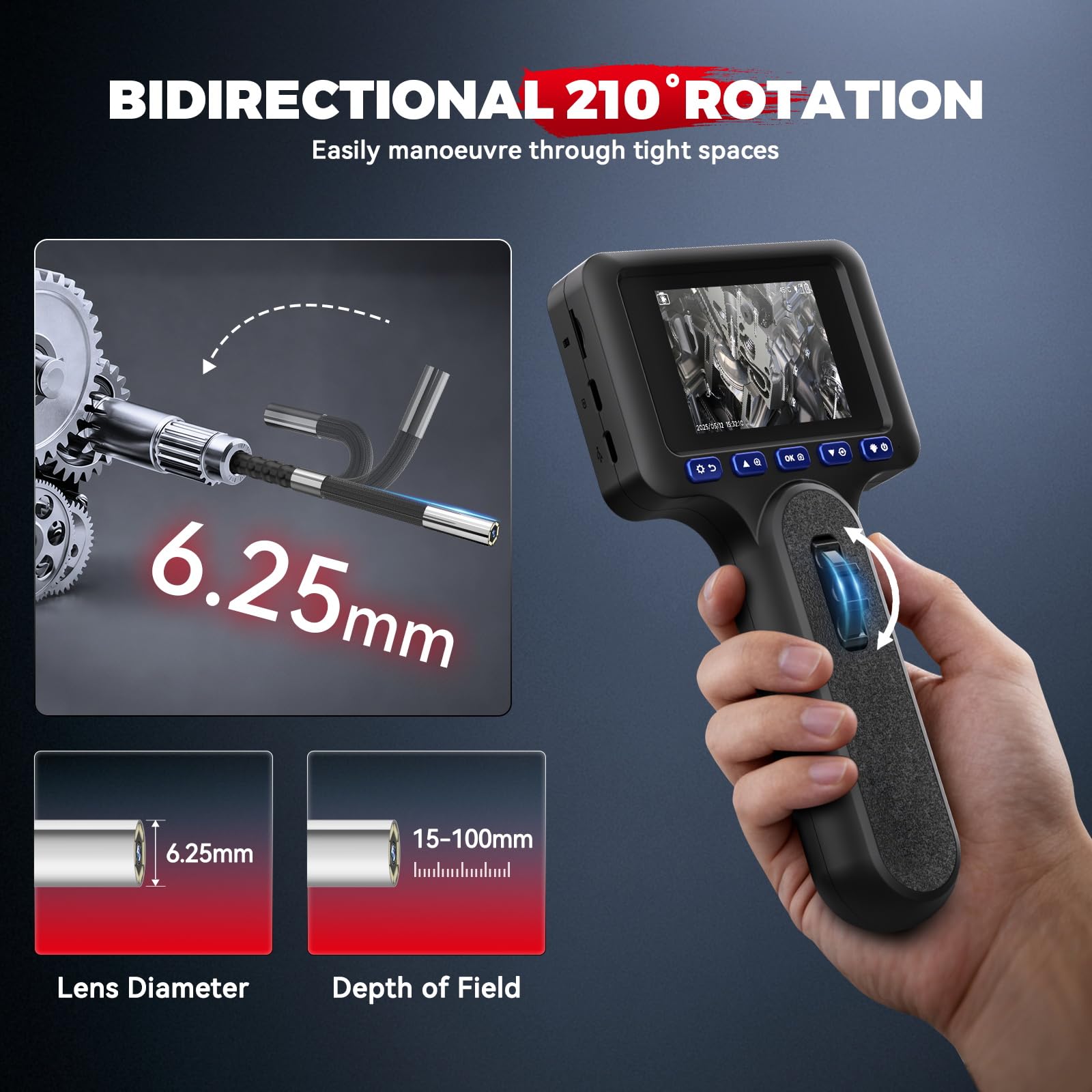 Cámara endoscópica 6,25 mm Endoscopio Cámara con luz 210° Cámaras de inspección 1m Cámara Telescópica Flexible para Manguera Inspección Automotriz Drenaje Canalización Plomería