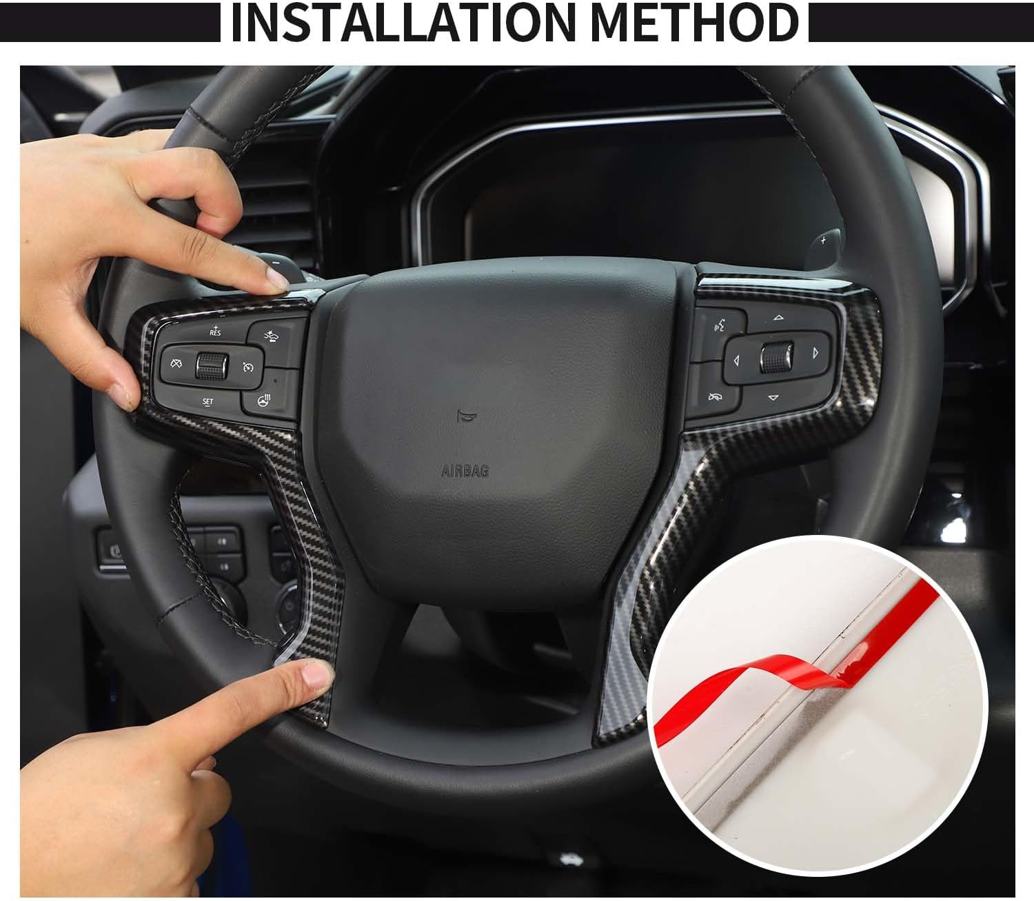 Voodonala for Chevy Silverado Steering Wheel Panel Cover ABS Antidust Carbon Fiber Black Style Steering Wheel Cover Trim Compatible with Chevy Silverado 2019+ (2Pcs/Set,Carbon Fiber Black)