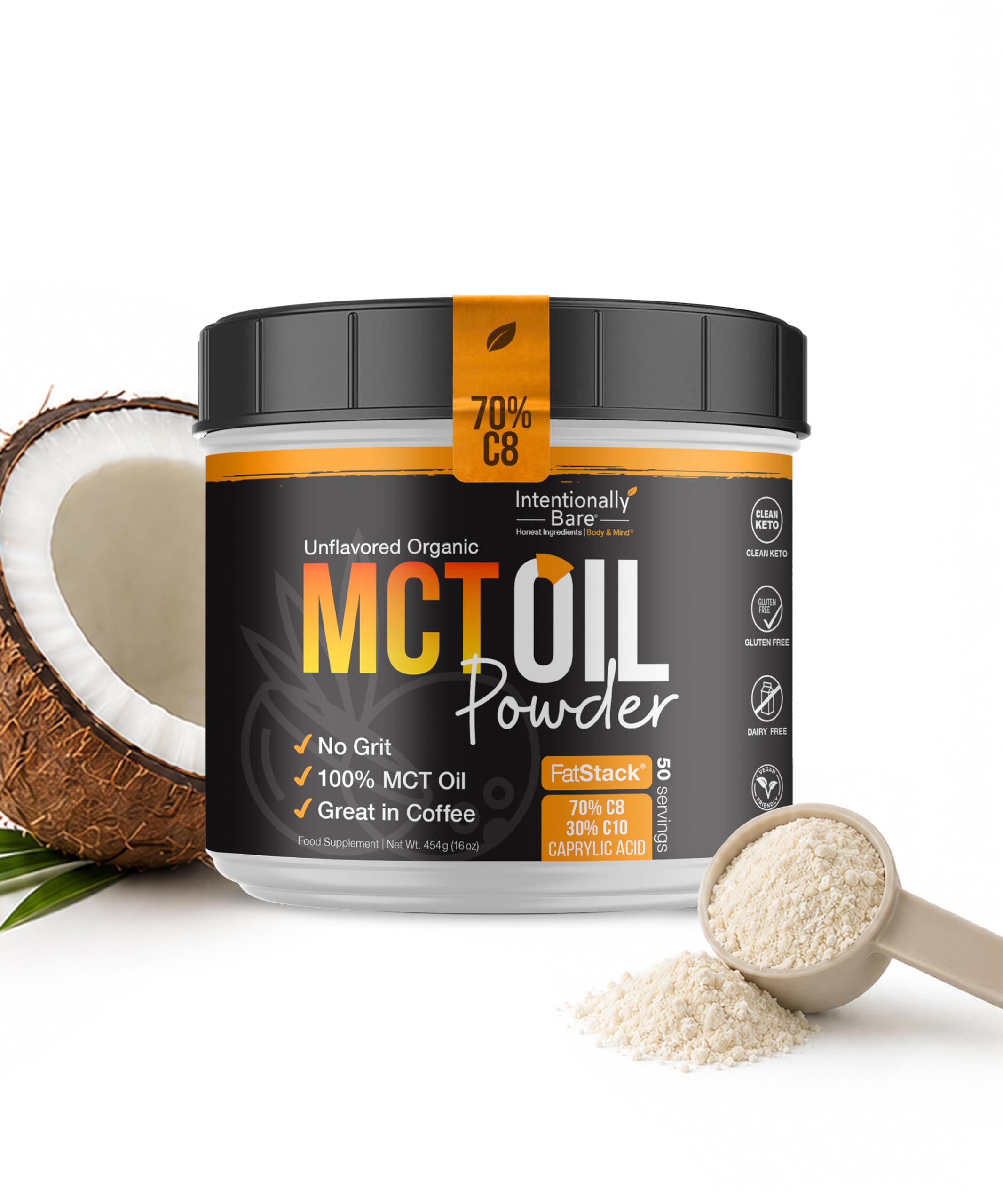 Intentionally Bare MCT Oil Powder - Unflavored – Zero net Carbs 16oz Unflavored 50 servings