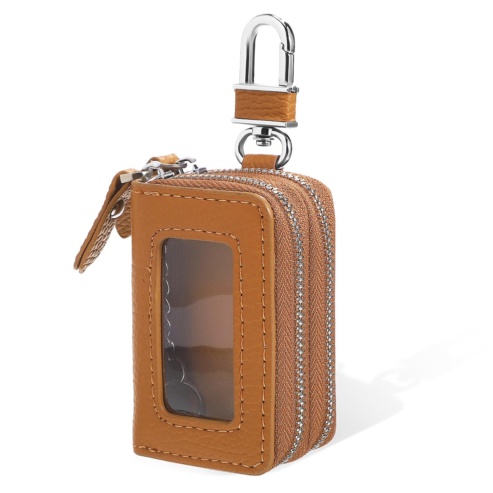 Custodia Chiavi Auto a Doppio Scomparto in Cuoio Marrone | Chiusura Zip, Organizzazione Interna Separata, Formato Compatto per Chiave Auto e Accessori