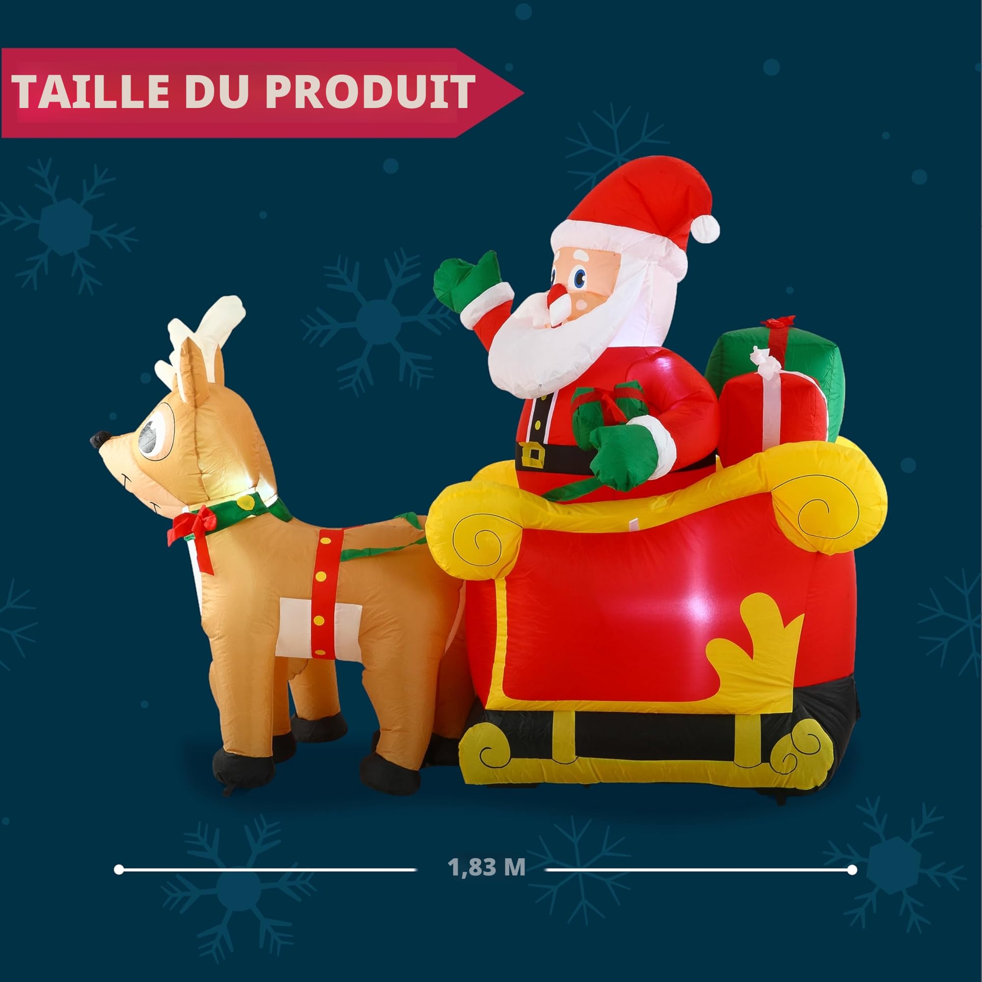 Joiedomi Père Noël Gonflable sur Un Traîneau, 1.83m de Long, avec l'éclairage LED, Cadeau de Noël Gonflable, pour Décoration de Jardin d'intérieur/extérieur