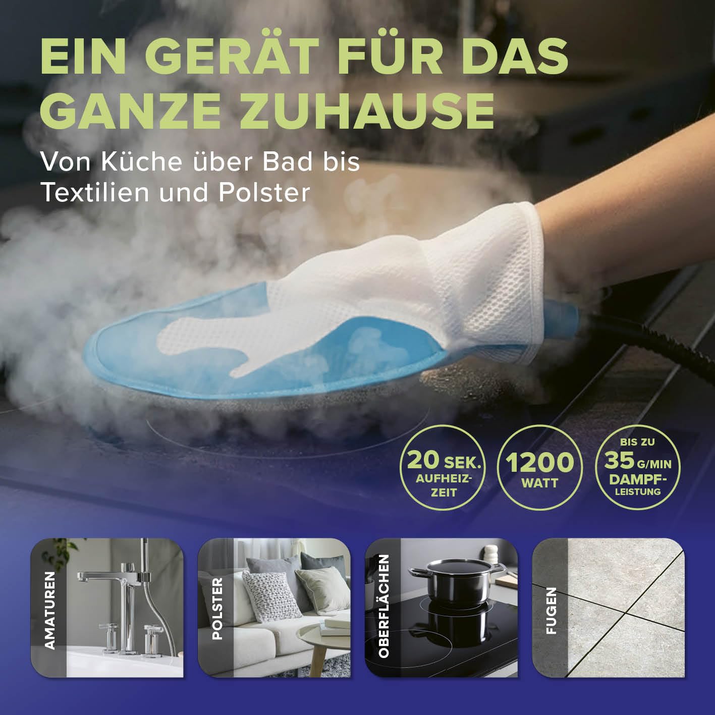 Dampfreiniger Handgerät - kraftvolles 100 °C Dampf Polsterreiniger Gerät, entfernt bis zu 99,9% Keime ohne Chemie | mit Dampfhandschuh, 7 Aufsätzen | 45 Min Laufzeit, 1 l Tank, 1200 Watt