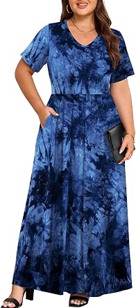 Womens Plus Size Maxi Dress Summer V Neck Short Sleeve Long Dresses Pockets Beach Coverup Loose Casual