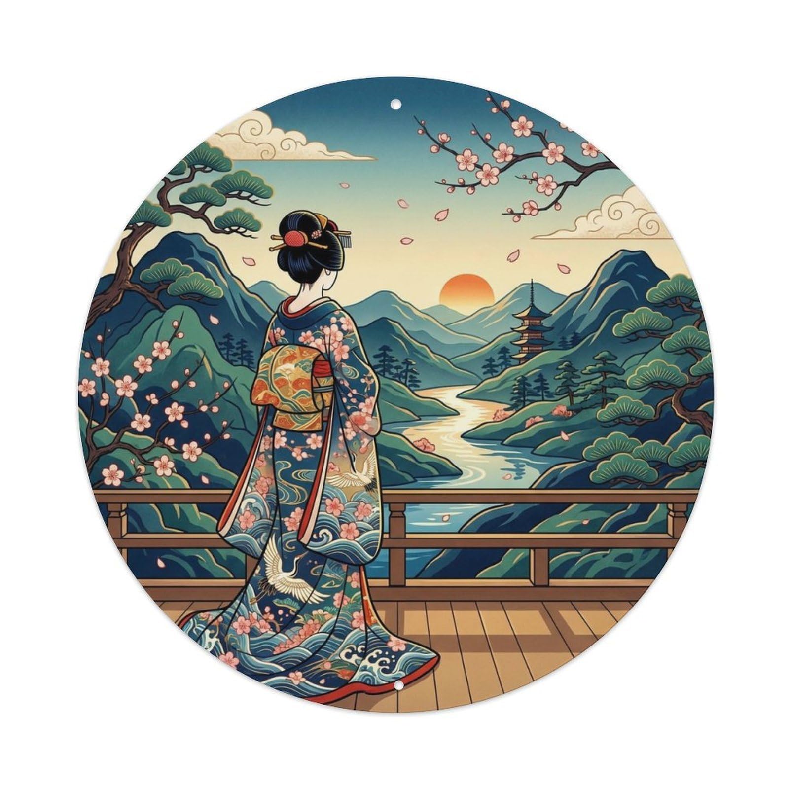 Japanese Geisha Back View Observing Landscape Serene Metal Tin Sign