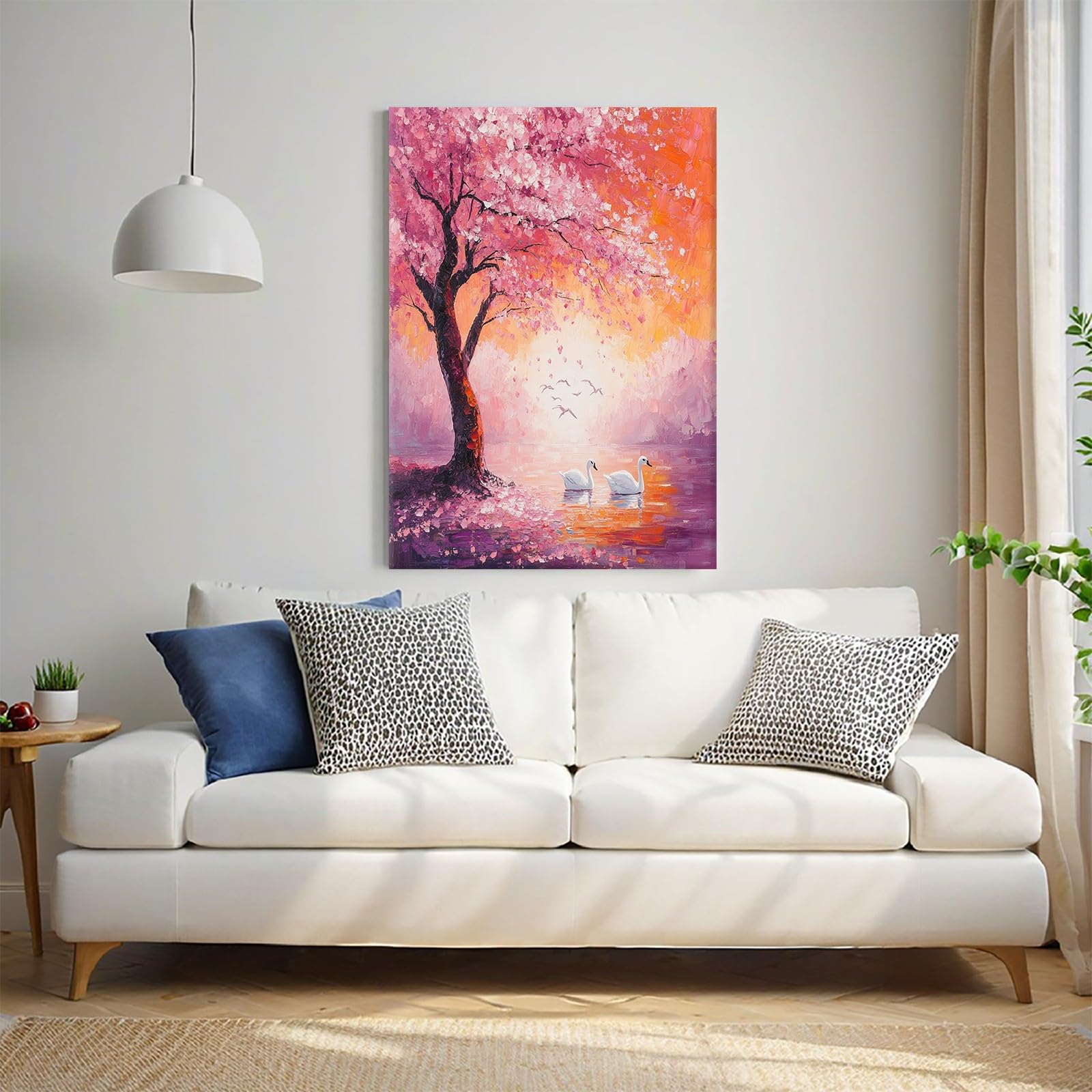 Leinwandbild 70 x 50 cm Abstrakte Kirschblüten und Schwäne Kunstdruck Wandbild Foto Poster Bild Fertig zum Aufhängen Aesthetic Deko Flur küche Büro Villa Badezimmer
