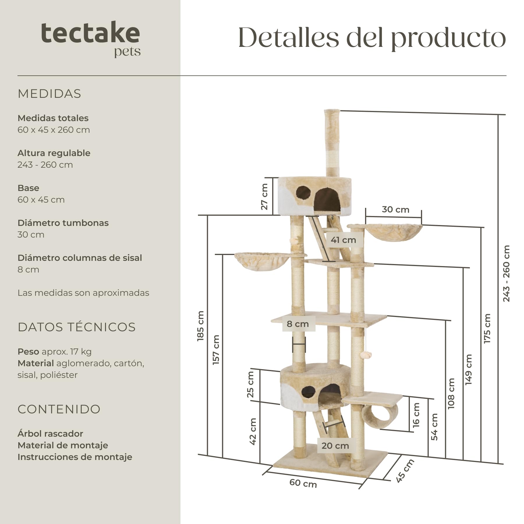 tectake® Árbol para Gatos Rascador, 2 Casetas, Varias Alturas, 3 Plataformas, Protección Antivuelco, Cama Gatos, Juguetes para Gatos, Rascadores para Gatos, Torre Gatos - Beige/Blanco