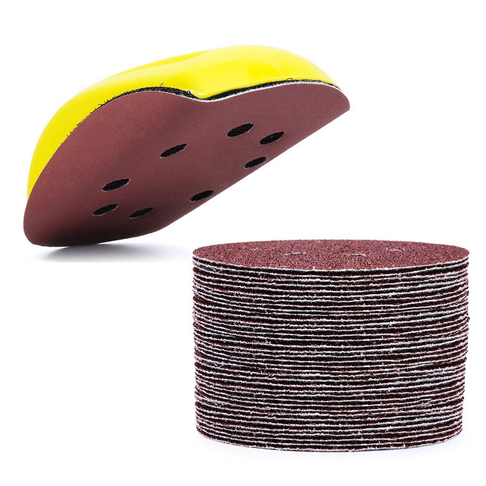 5 Inch Hook and Loop Sanding Discs Sandpaper 8 Hole 50 Pcs with Mouse Hand Sander Block