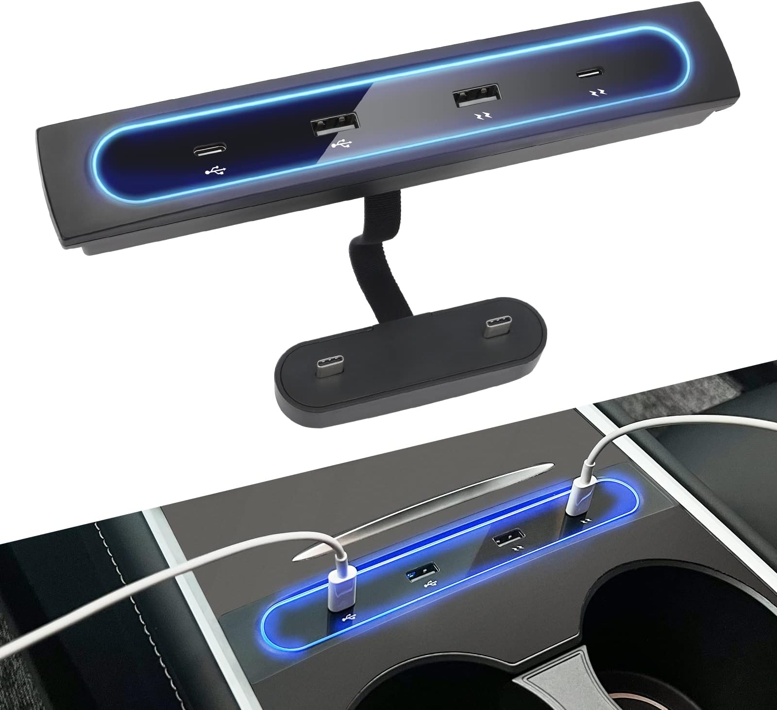 for 2021 2022 2023 Tesla Model Y 3 Accessories Docking Station 4 in 1 USB LED Hub, Compatible Docking ​Station ​of Center Console Smart Sensor for Tesla Black