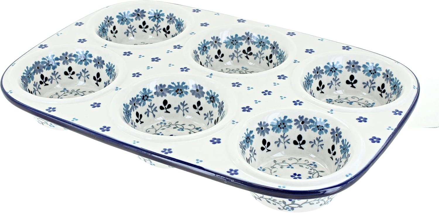 Blue Rose Polish Pottery - Blue Celeste Muffin Pan - 11.5" x 8" - Ceramic Baking Dish, 6-Cup Muffin & Cupcake Pan