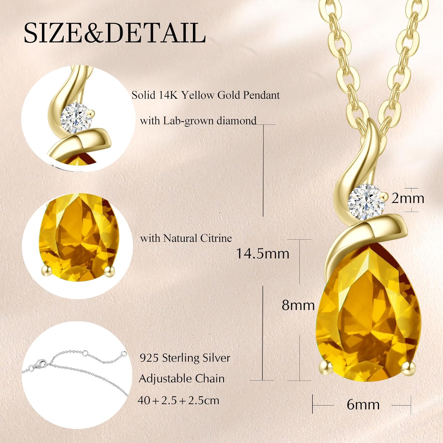 FANCIME 14K Solid Yellow Gold Birthstone Pendant Necklace for Women with Diamond Pear Shaped Teardrop Necklace Birthday Gifts for Mom Women Sterling Silver Chain 16" + 2" Extender - Image 2