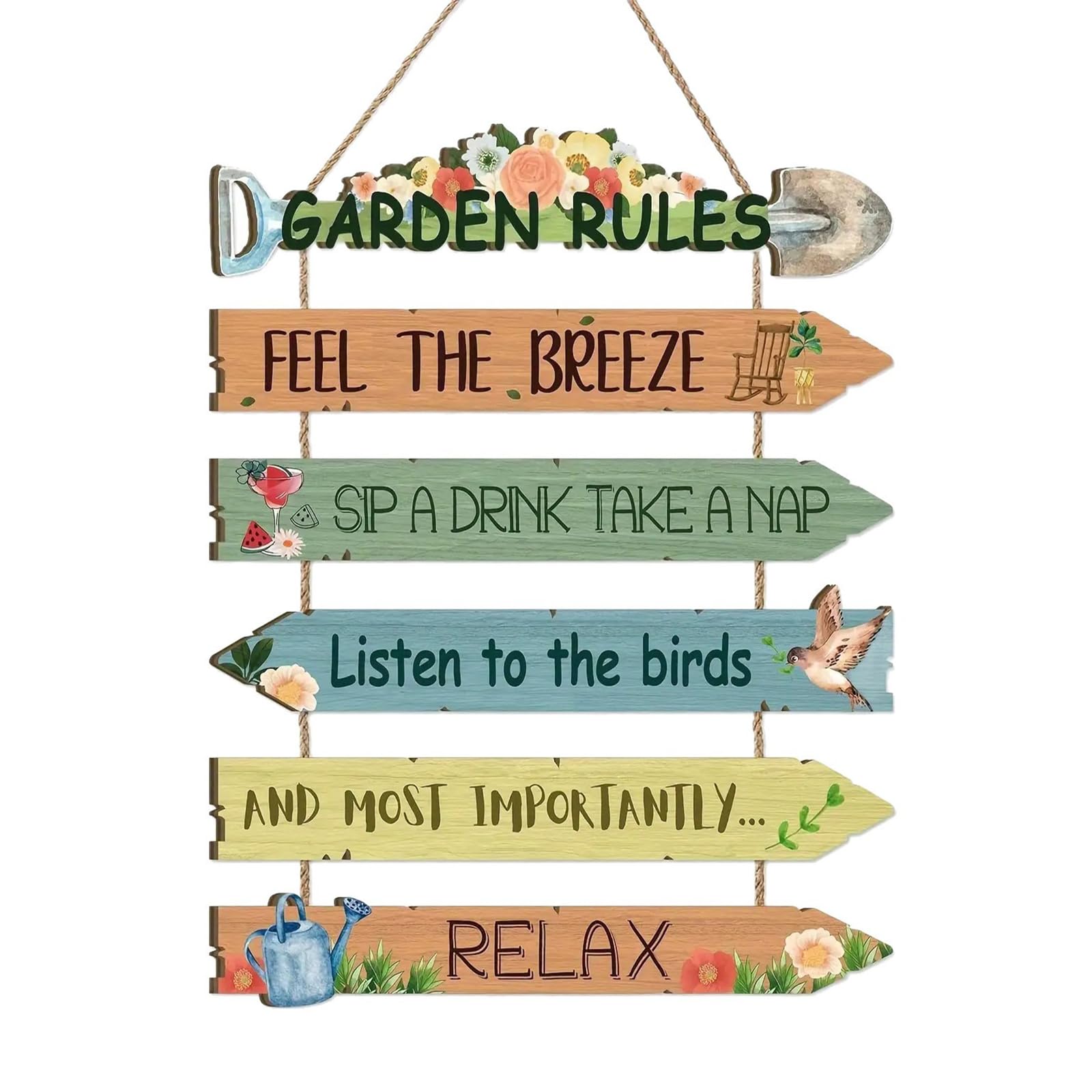 rflaueo Garden Rules Hanging Wall Sign, Rustic Wooden Decor Sign with Rope, Relaxing Quotes, Outdoor Plaque for Fence, Patio, Porch, Yard, Funny Garden Gift for(L33-1)