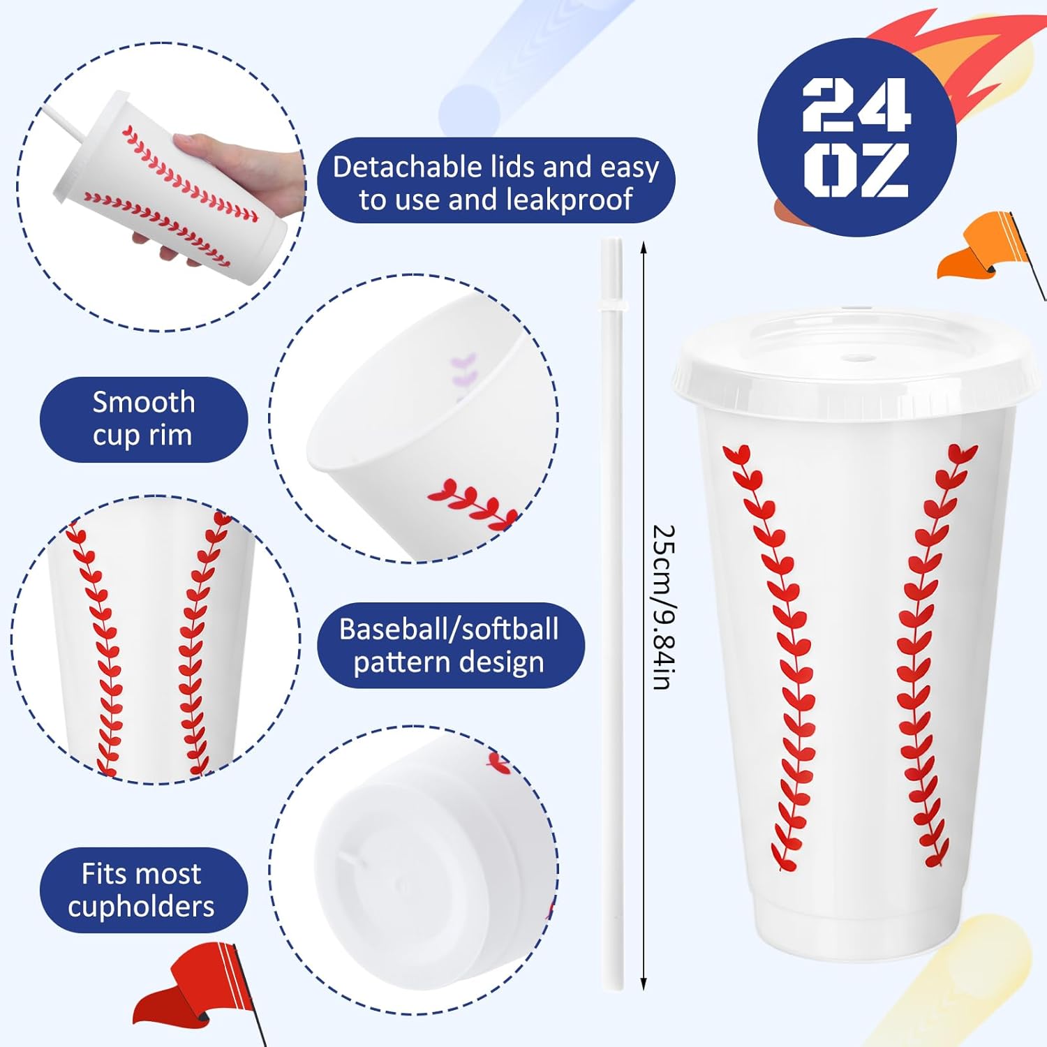 Pickmesh 24 Pcs Funny Baseball Team Gift Set, Baseball Plastic Cups with Straw and Lid, Novelty Socks, Bracelet, Keychain for Ball Lover Player Fans Sports Valentines Gift Birthday Party Favors