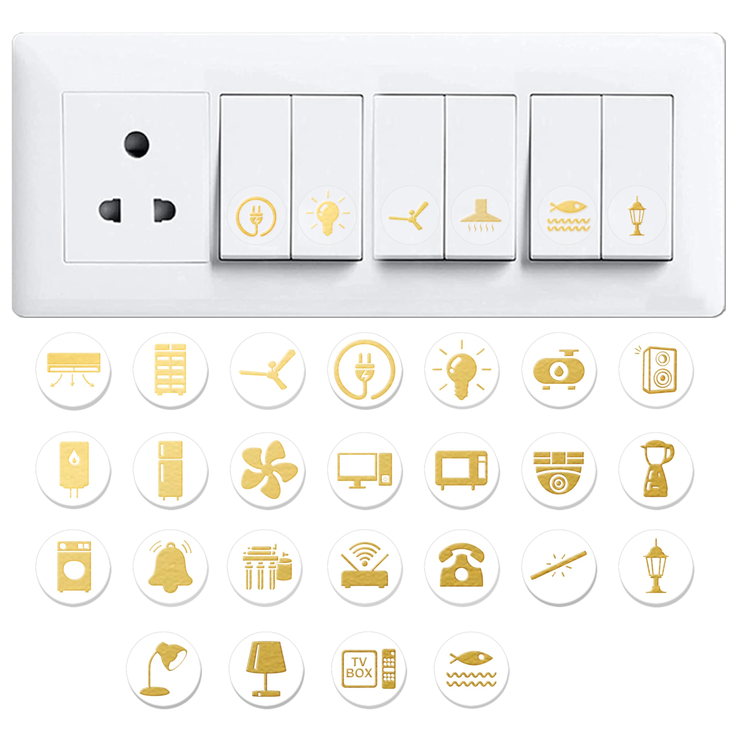 Flybuyhub Gold Switch Stickers for Switch Board | Golden Embossed Pack of 330 Stickers for Home Including Fan, Light and Many More