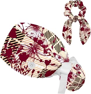 2 Pieces Surgical Cap for Long Hair Scrub Cap with Hairband Nurse Cap, Plaid Butterfly and Floral Flower