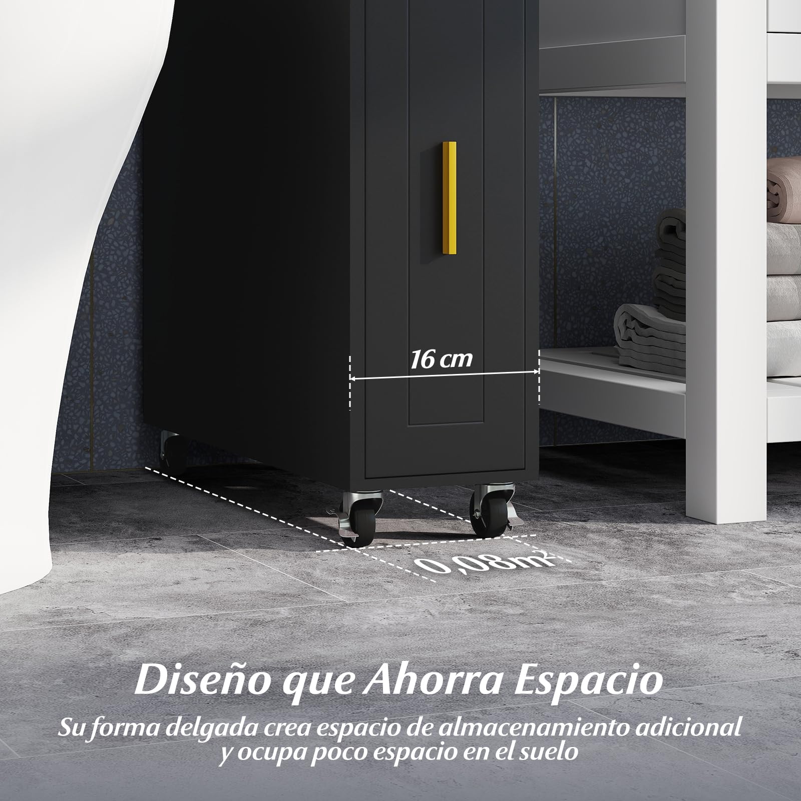COSTWAY Armario Auxiliar de Baño con Ruedas Bloqueables, Mueble de Baño Estrecho con Cajón Deslizante, Caja de Pañuelos, Soporte para Cepillo de Inodoro para Cocina Salón, 50 x 16 x 69 cm (Negro)