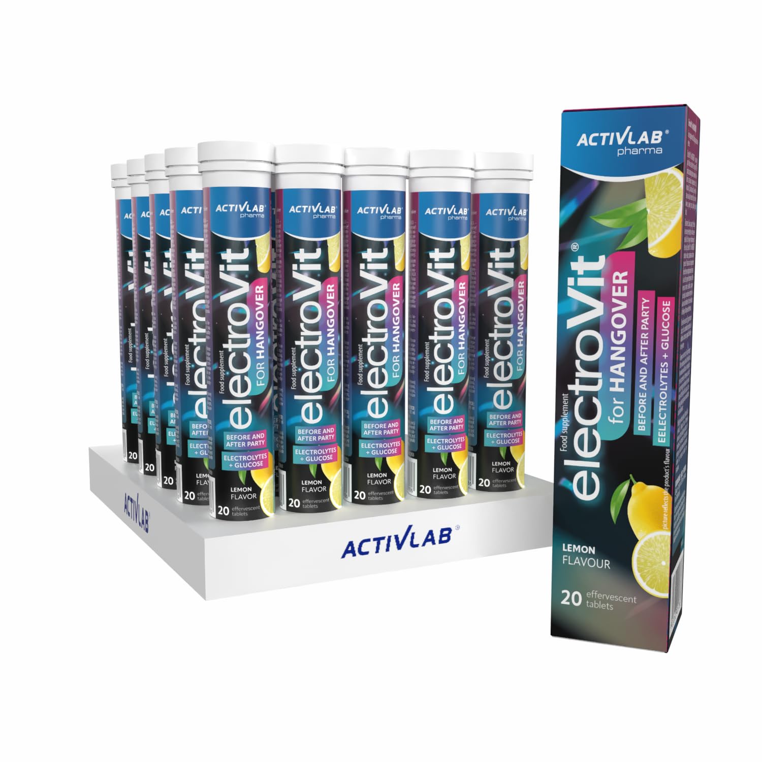 Activlab ElectroVit Hangover Post-Party Support z glukozą, elektrolitami i ekstraktami roślinnymi, 25 x 20 tabletek musujących, smak cytrynowy, sód, potas, cynk, magnez, B6, witamina C