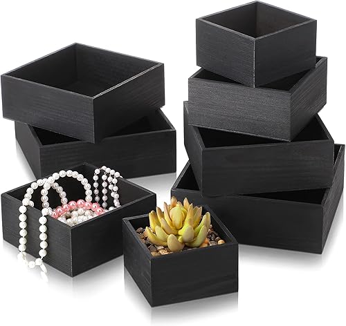 Miniatura 1 de Jetec 8 cajas de almacenamiento de madera rústica negra de 7, 6, 5, 4 pulgadas, jardinera de madera de pino para manualidades, tienda de costura,