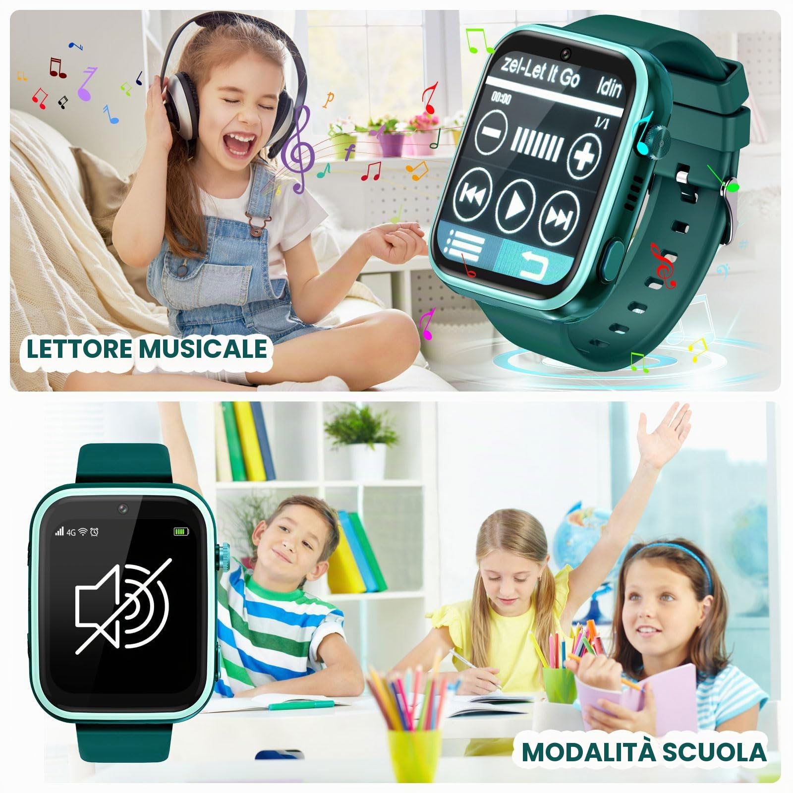 OKYUK T45 Orologio intelligente per bambini 4G GPS Tracker orologio per bambini ragazzi con videochiamata, messaggi, modalità scolastica, funzione SOS, fotocamera e pedometro (verde)