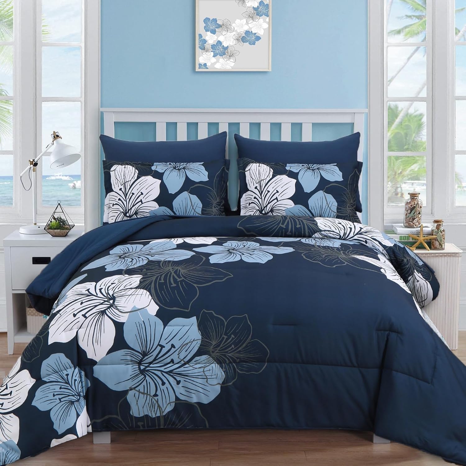 Luxudecor Navy Blue Comforter Set Twin Size, 5 Pieces Bed in a Bag Navy Blue Floral Comforter and Sheet Set, Soft Microfiber Complete Bedding Sets for