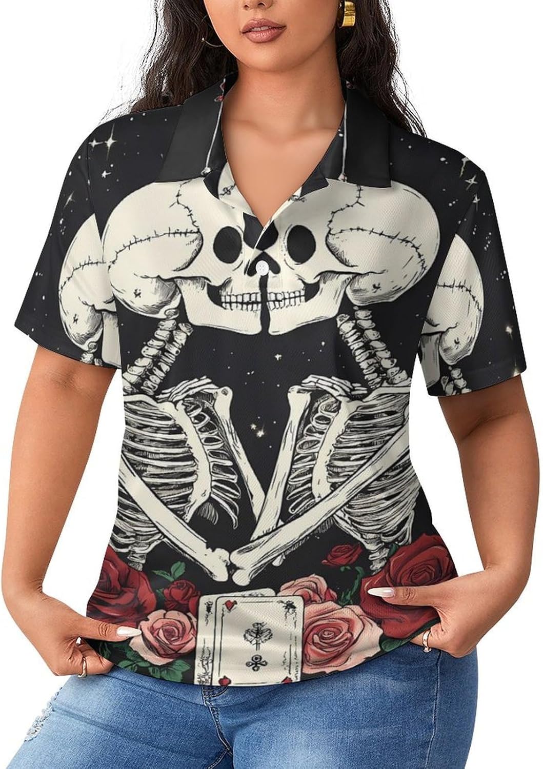 Skull Flower Womens Golf Polo Shirts Summer Short Sleeve Collared 3 Buttons T Shirt Activewear Tops