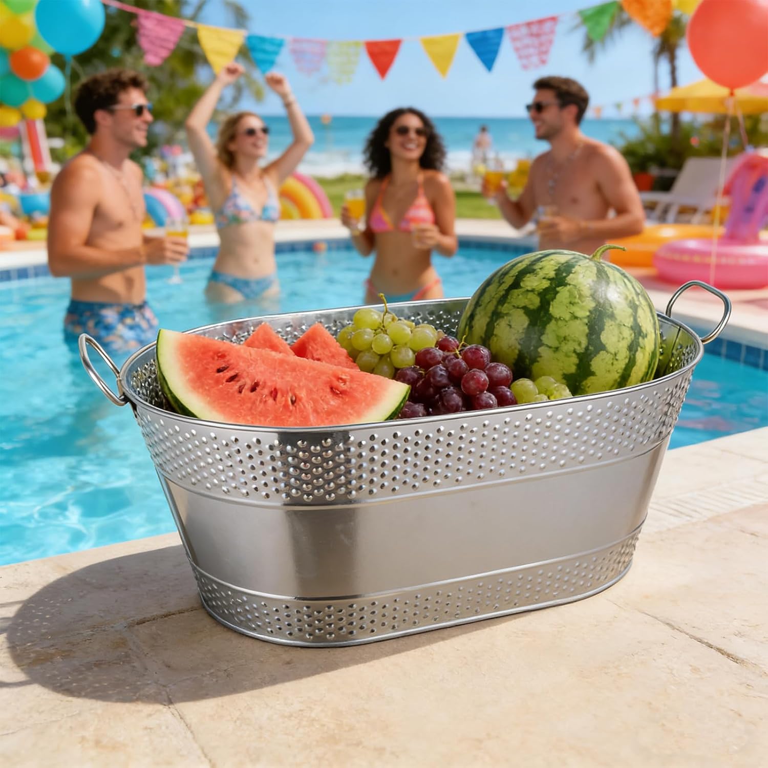 1 Pack 4 Gallon Galvanized Ice Bucket, Large Galvanized Beverage Tub Ice Bucket for Parties, Thick Metal Beverage Buckets with Handles, Oval Drink Buckets for Parties Indoor or Outdoor (Sliver)