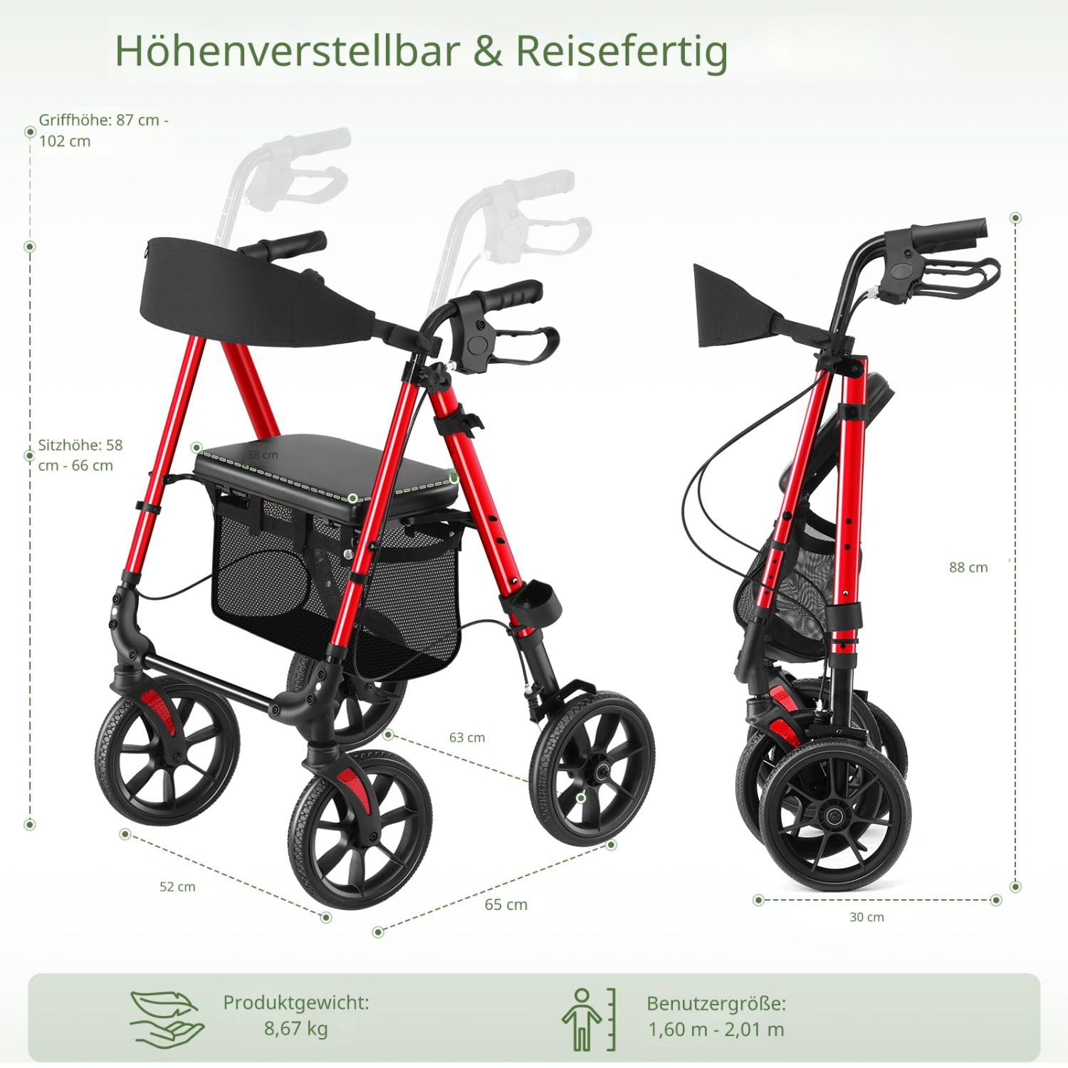 WALK MATE Rollator Faltbar und Leicht mit Sitz,bis 159kg belastbar | Rollator für die Wohnung Outdoor mit Rutschfeste Räder,höhenverstellbare Gehhilfe aus Aluminium inkl.Tasche und Stockhalter