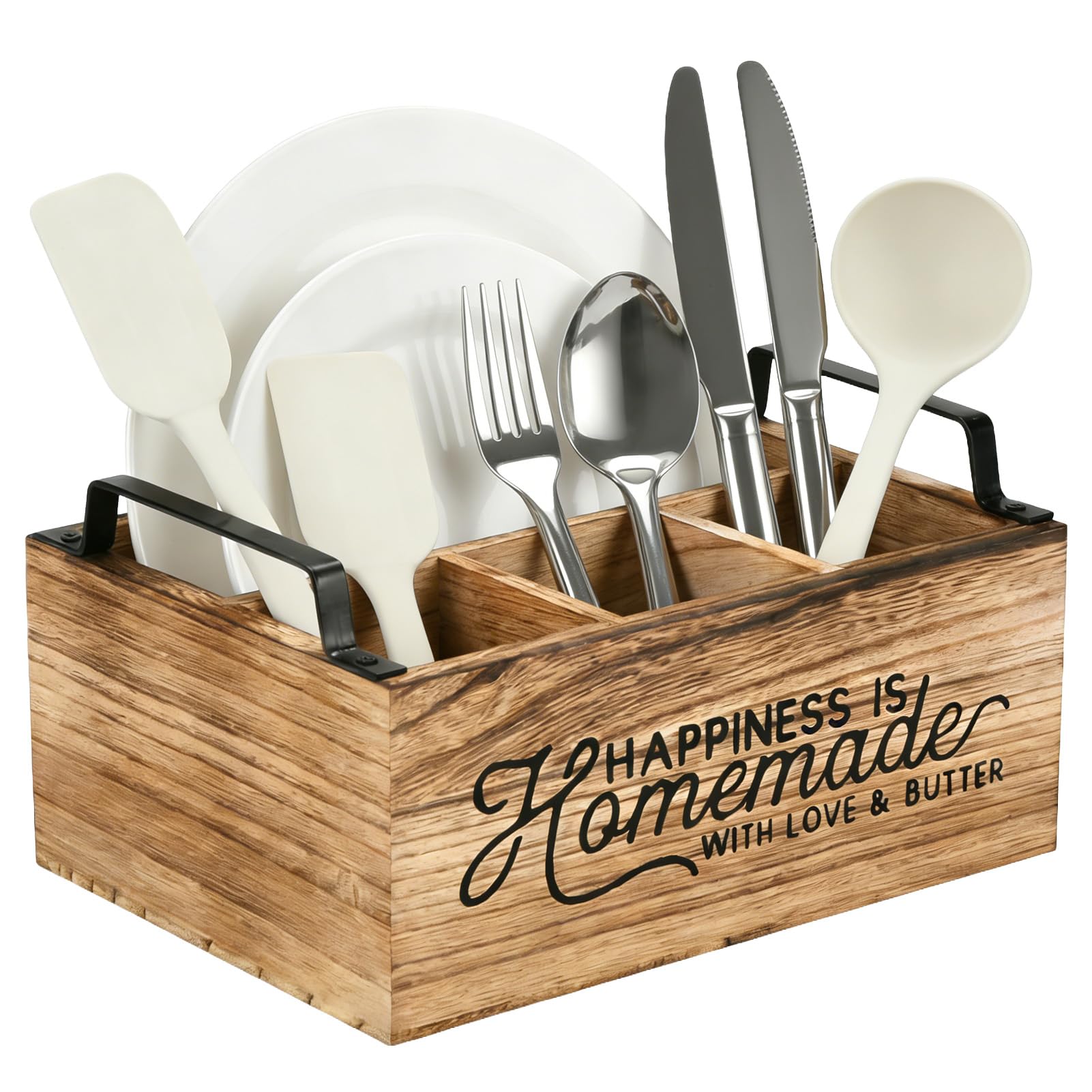 M.J COMFY-LIFE Large Wooden Kitchen Utensil Holder with 3 Compartments, Classic Farmhouse Kitchen Decoration, Countertop Organizer with Ample storage space for Table, Dining Room, Brown