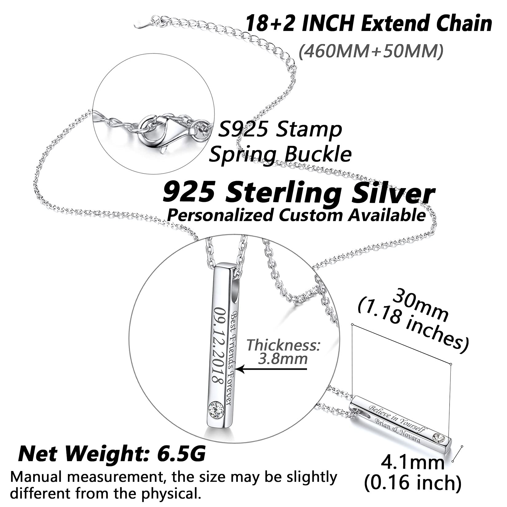 Silvora Halskette mit vertikalem Stab, Sterlingsilber, personalisierbar, schlichter Halsschmuck für Damen und Mädchen
