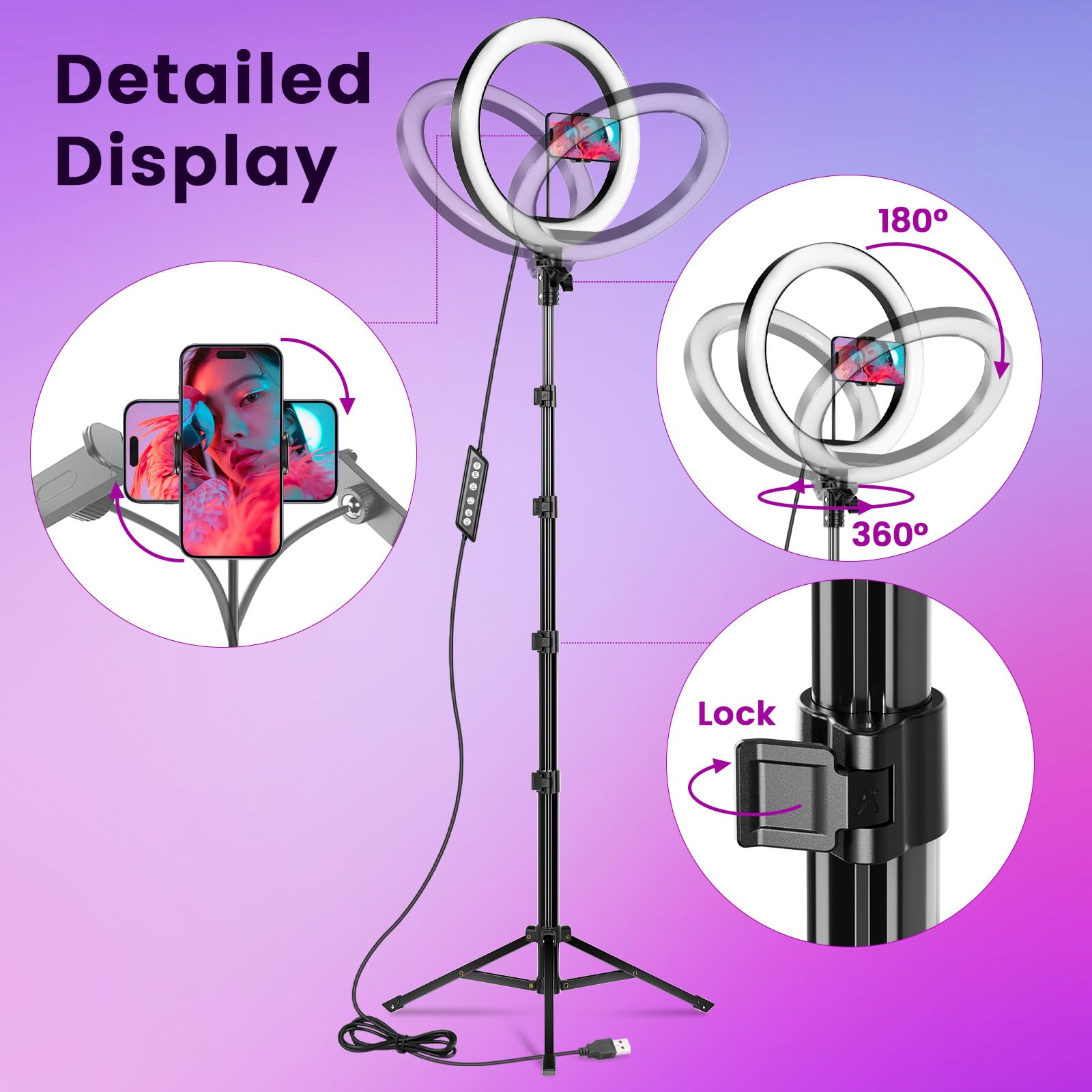 10 Zoll LED Ringlicht mit 61 Zoll Stativständer & Handyhalter, Dimmbare RGB Tischringlicht Handystativhalter mit Ringleuchte für YouTube, Videoaufnahmen, Selfie, Live-Stream, Makeup Fotografie