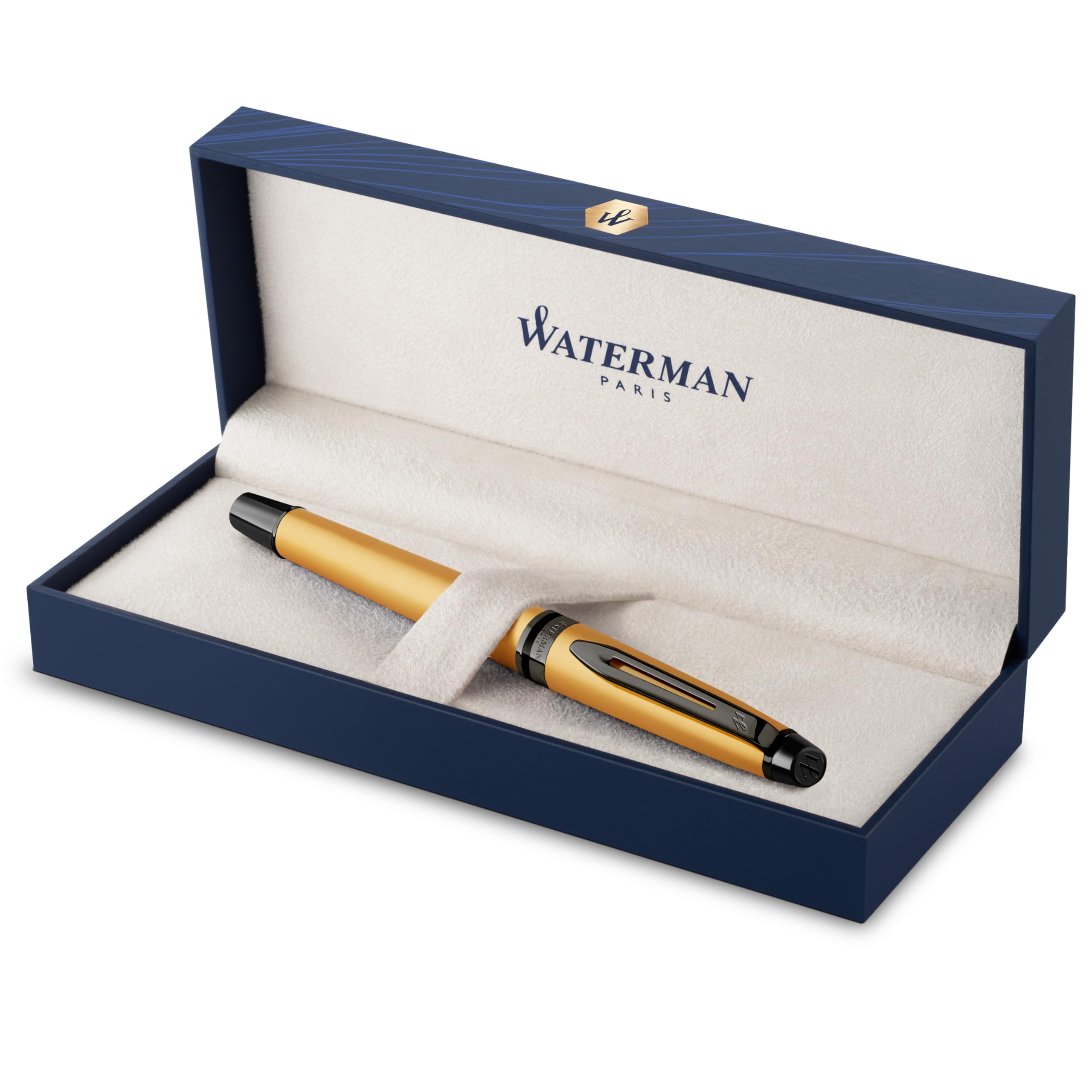 Waterman Expert Fountain Pen | Metallic Gold Lacquer with Ruthenium Trim | Medium PVD Coated Stainless Steel Nib | Blue Ink | With Gift Box