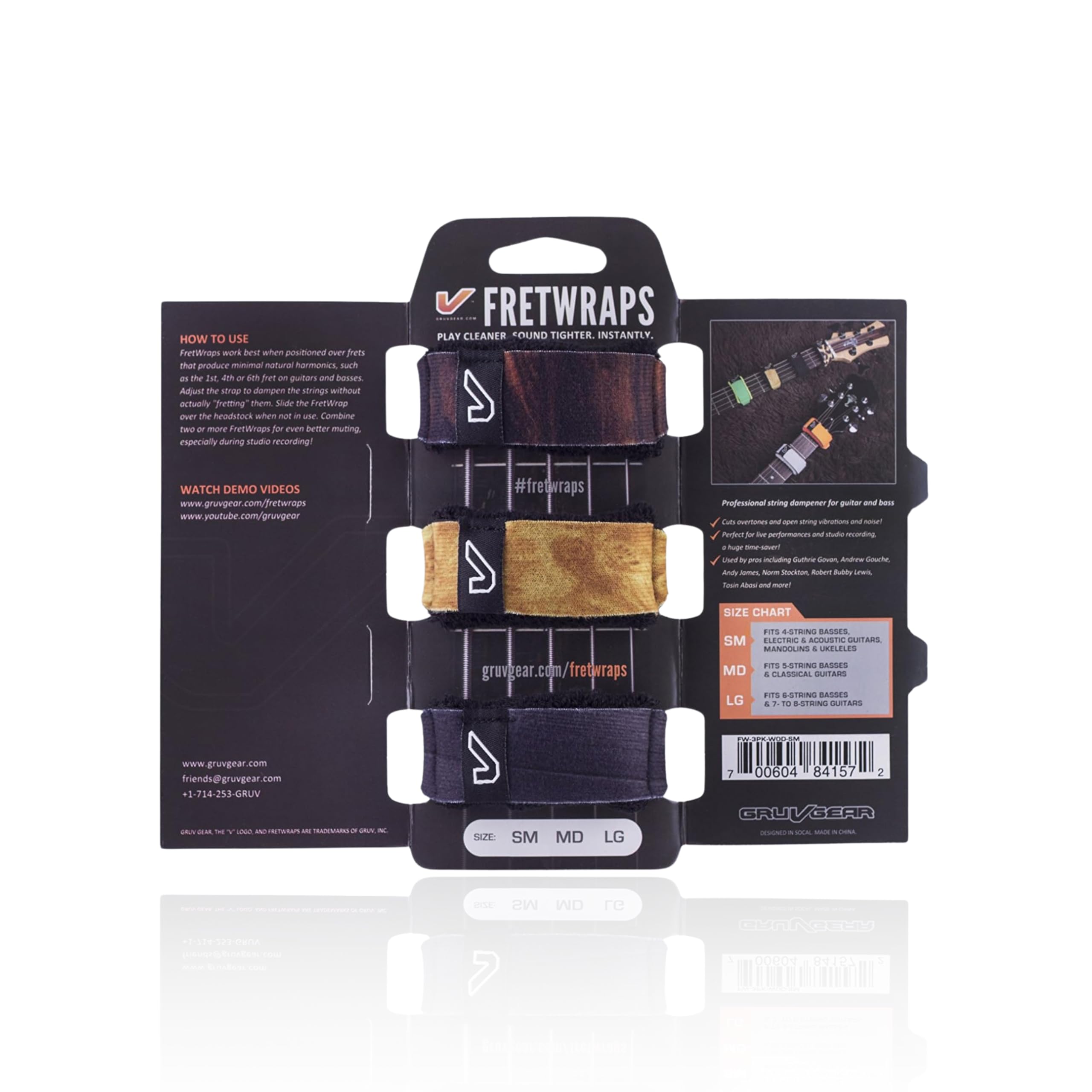 Gruv Gear Fret Wrap &amp; Guitar Mute, Fretwrap for Acoustic, Electric &amp; Bass | String Dampener Recording, Tapping &amp; Practice Accessory (3 Pack, Small Wood Prints, Fits 4 String Bass, 6 String Guitar)