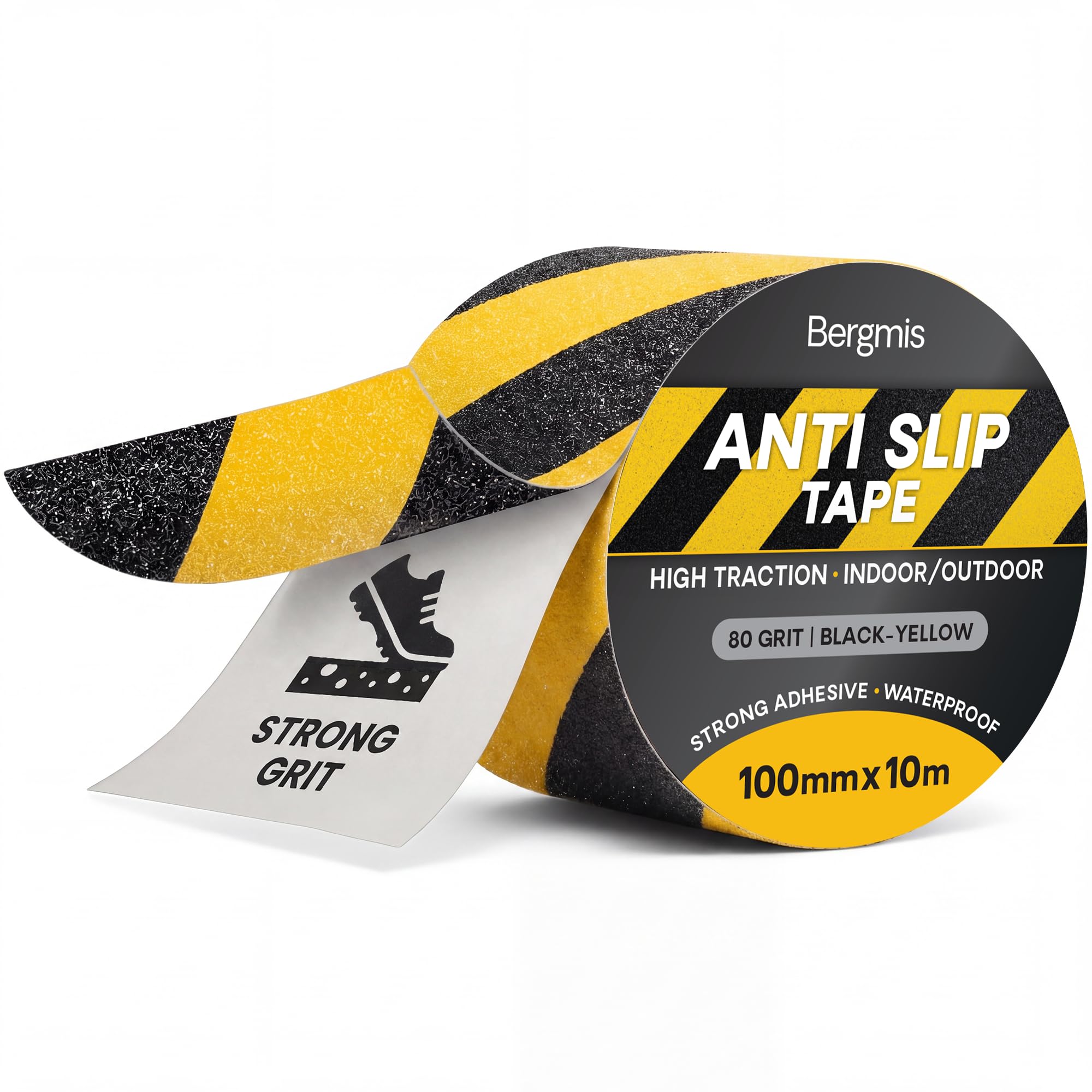 Bergmis Anti Slip Tape Yellow Black 100mm x 10m Wide Roll 80 Grit - Heavy Duty High Visibility Grip Tape - Hazard Colour Floor Marking for Stairs Decking Steps Ramps - Weatherproof Outdoor Hi Vis