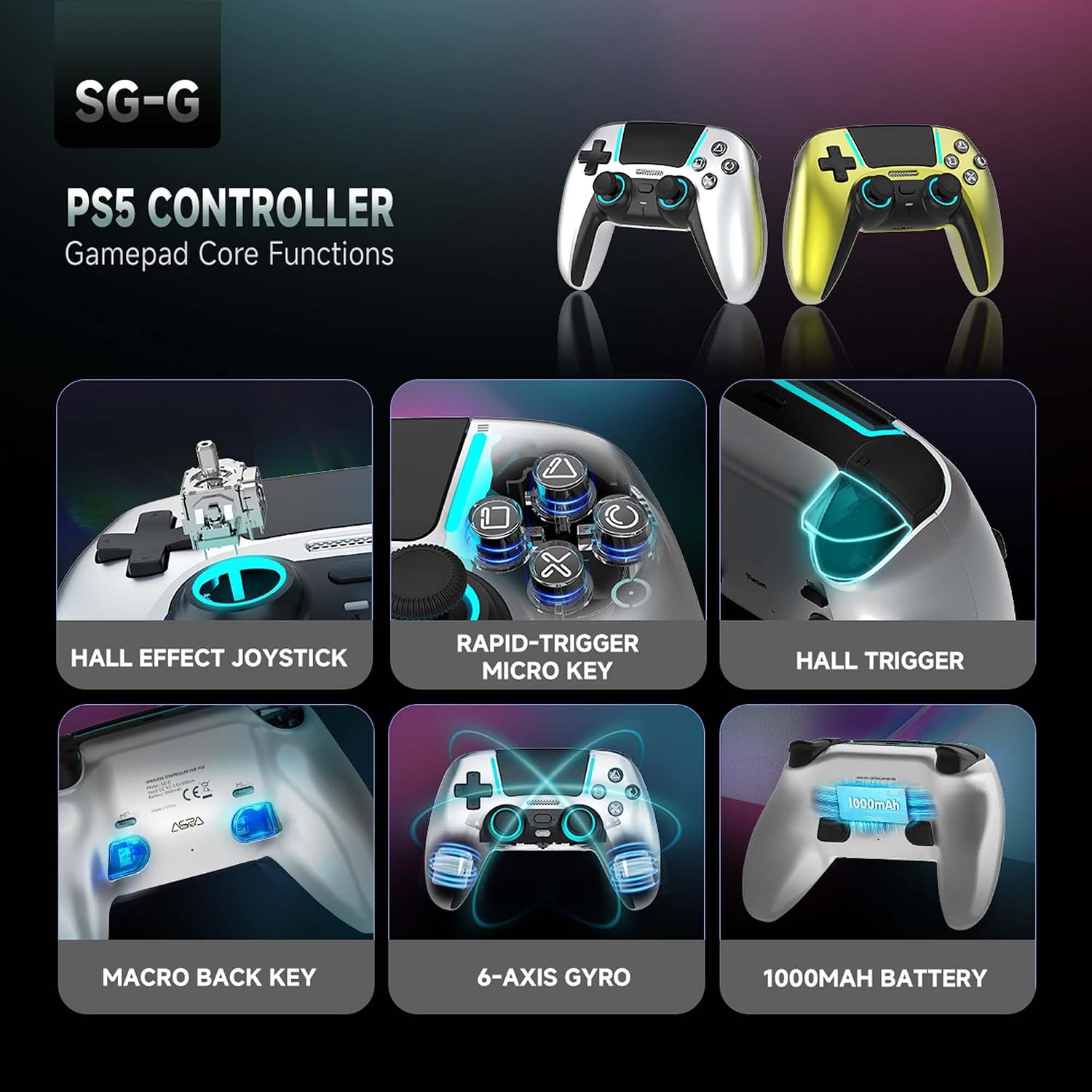 ASRVA Chrome Silver Wireless Pro Controller for PS5 4 Back Buttons,Hall Effect No-Drift Joystick,Micro-Switch ABXY,6-Axis Gyro,Macro,1000mAh Battery,RGB,Compatible with PS5/PC/Mobile 3 71V3i RtPDL. SL1500