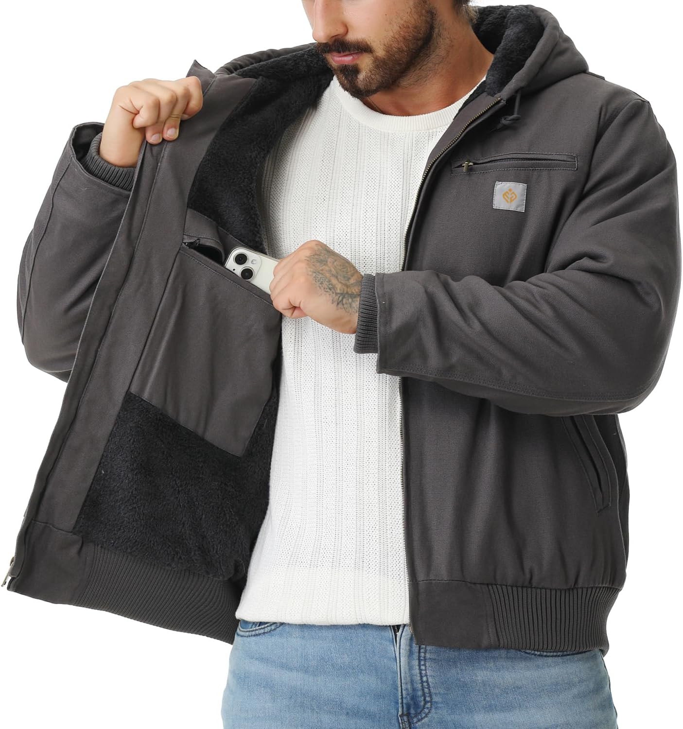 Men's Work Coat Washed Duck Fleece Lined Waterproof Workwear Fit Relaxed Winter Hooded Active Jacket - Image 3